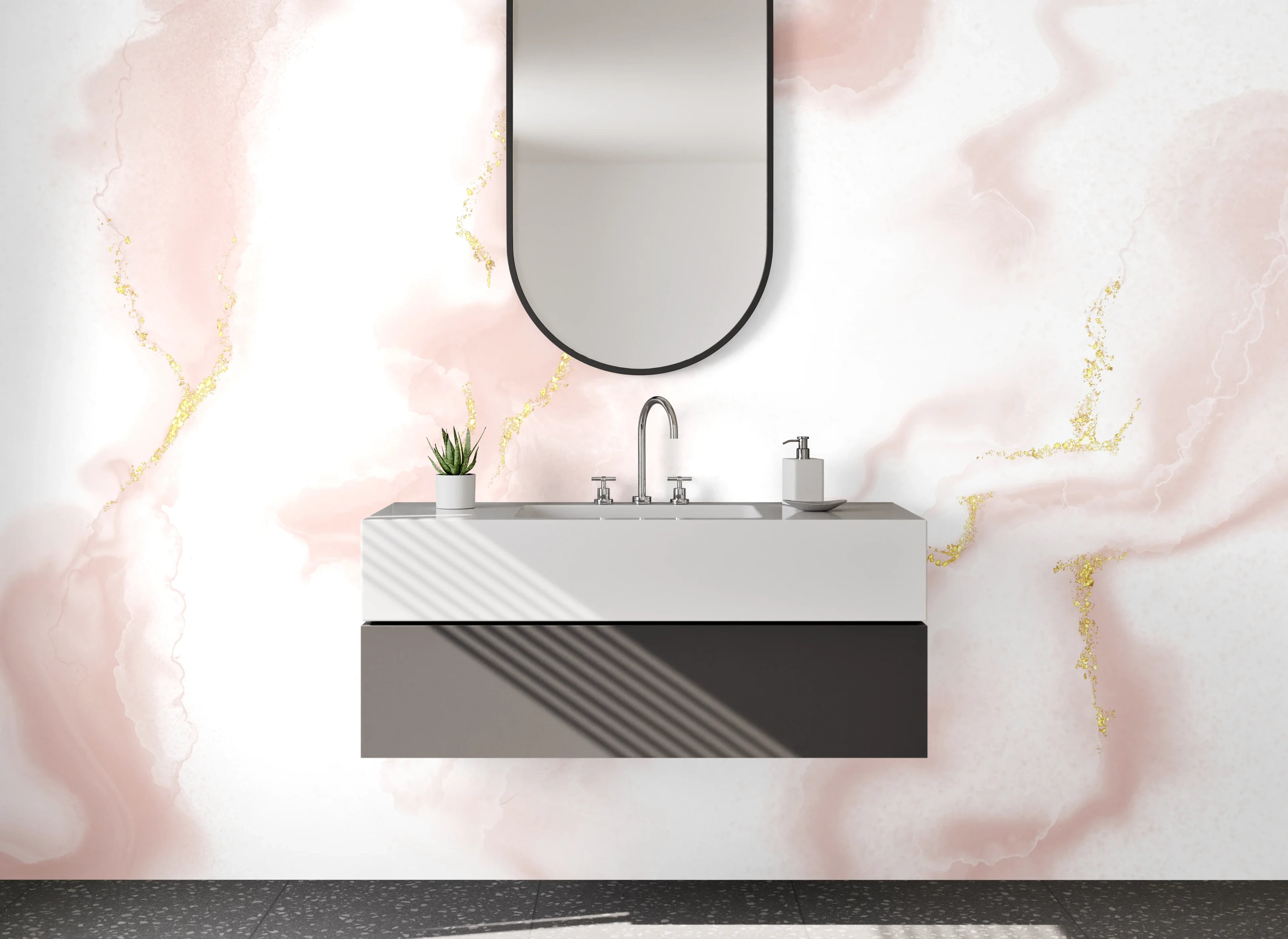 Waschbecken-Rückwand - Marmor Optik Rosa Weiß Gold Akzent