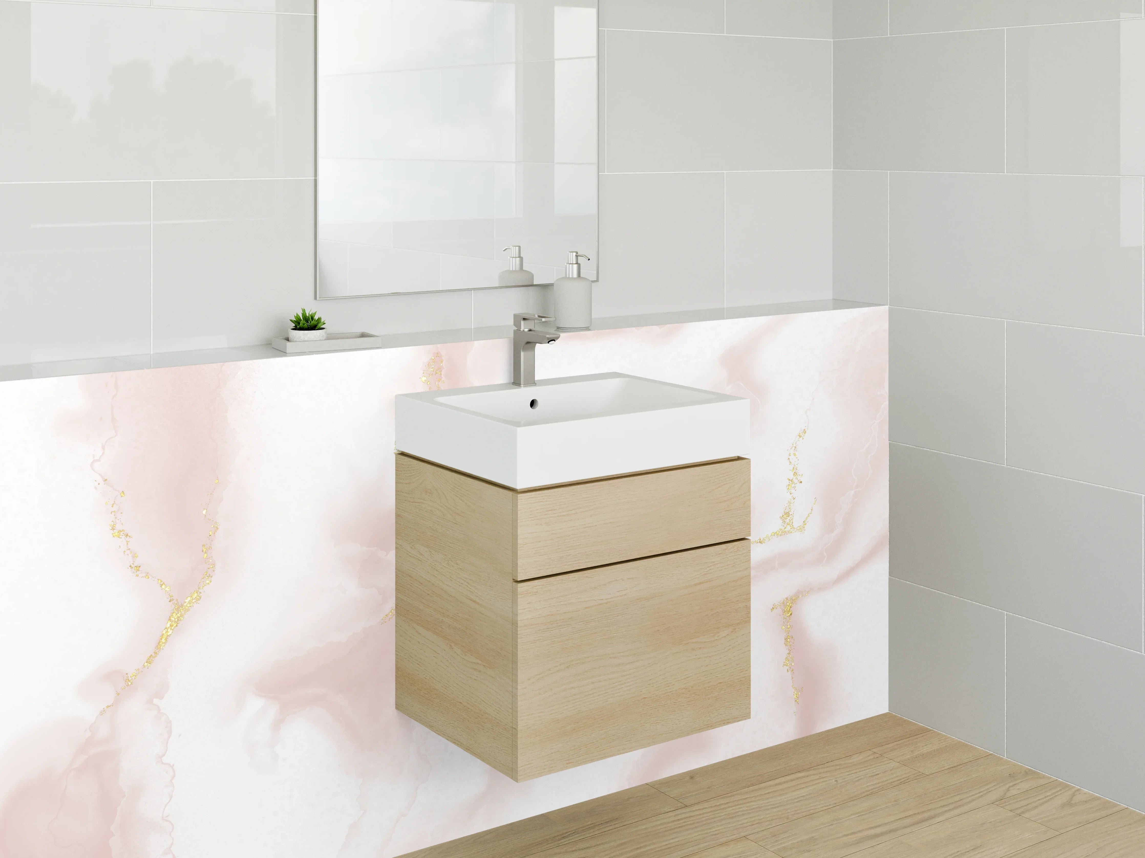 Waschbecken-Rückwand - Marmor Optik Rosa Weiß Gold Akzent