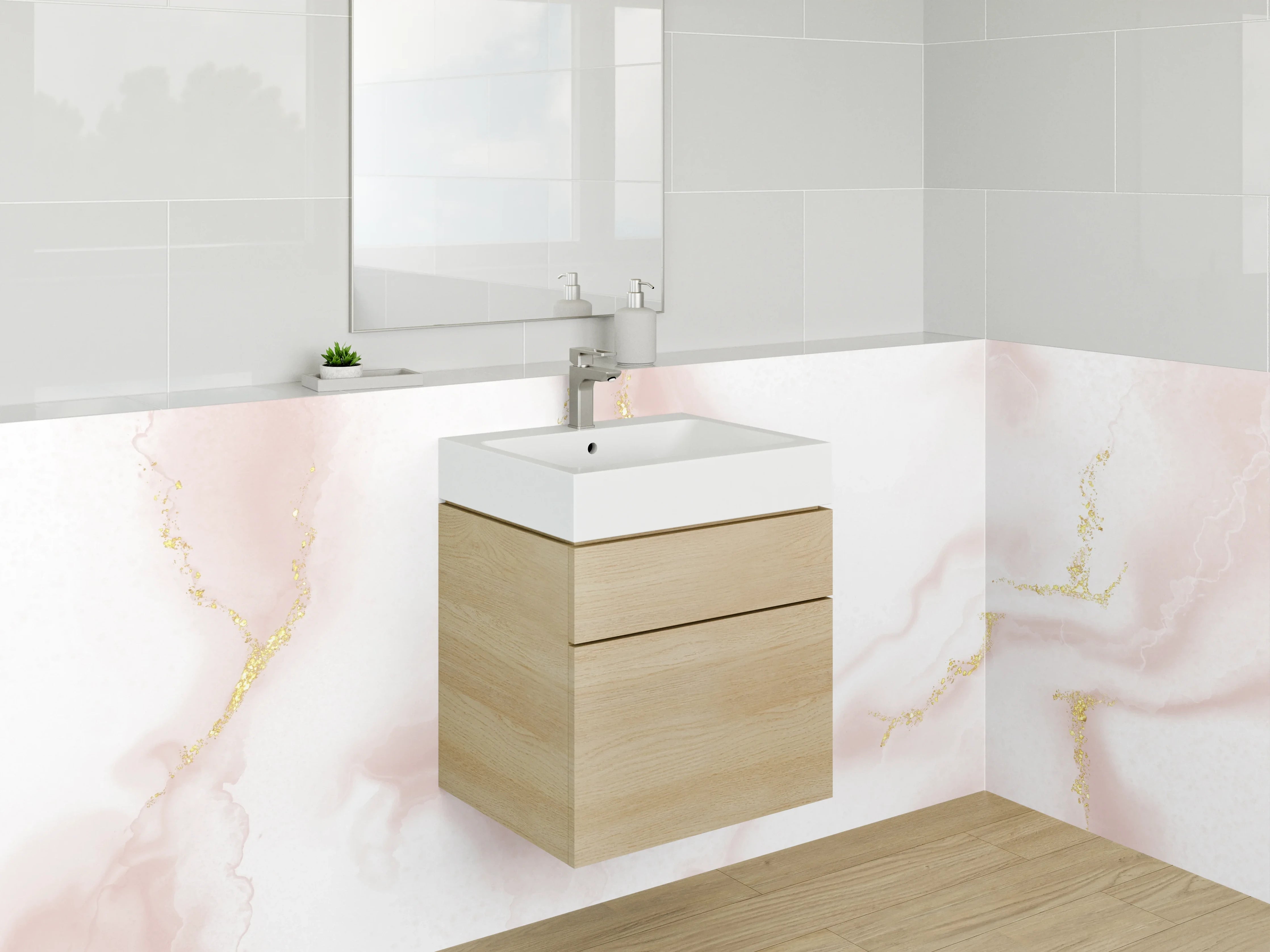 Waschbecken-Rückwand - Marmor Optik Rosa Weiß Gold Akzent