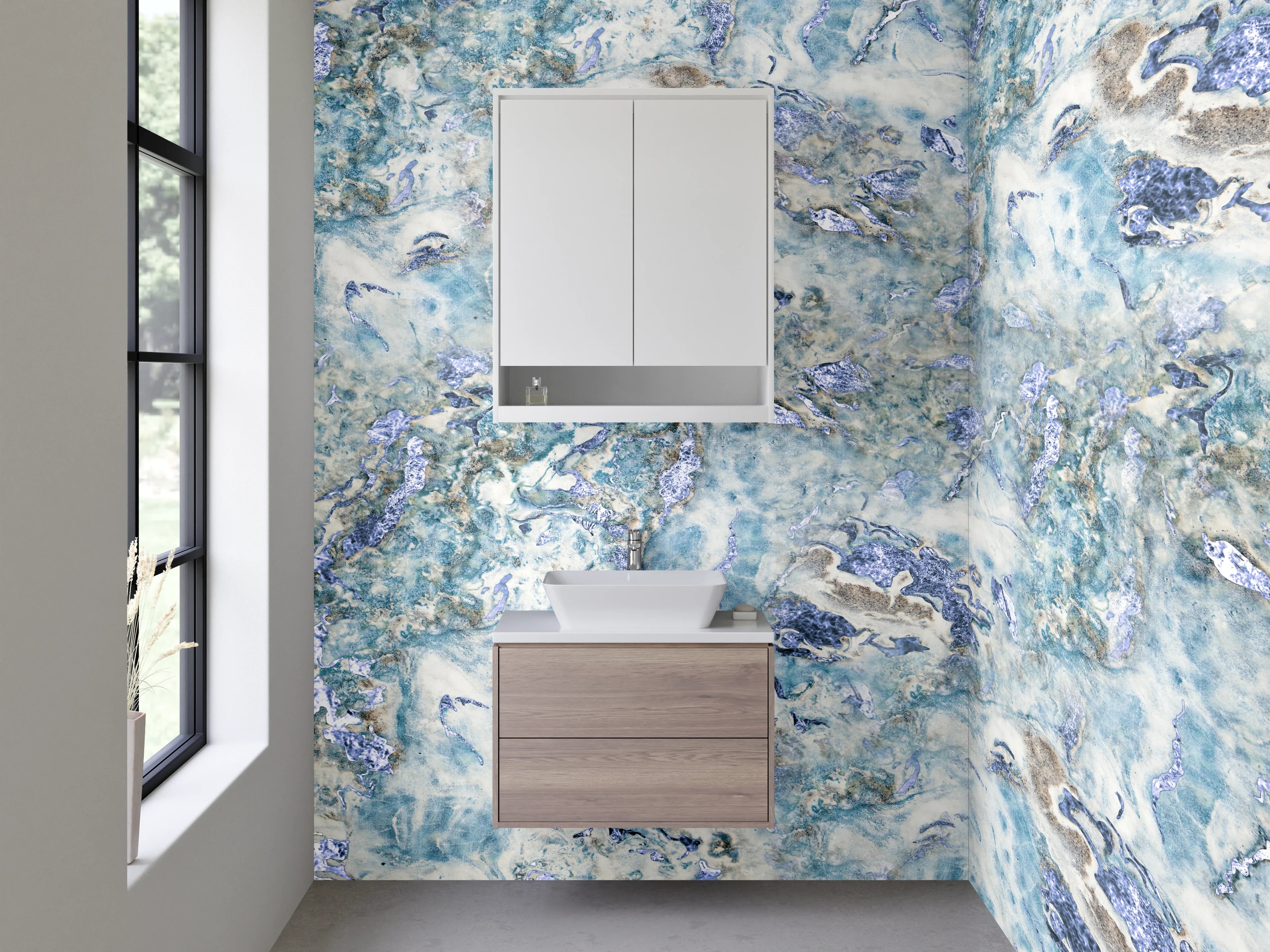 Waschbecken-Rückwand - Marmor Optik mit Blau- und Grautönen
