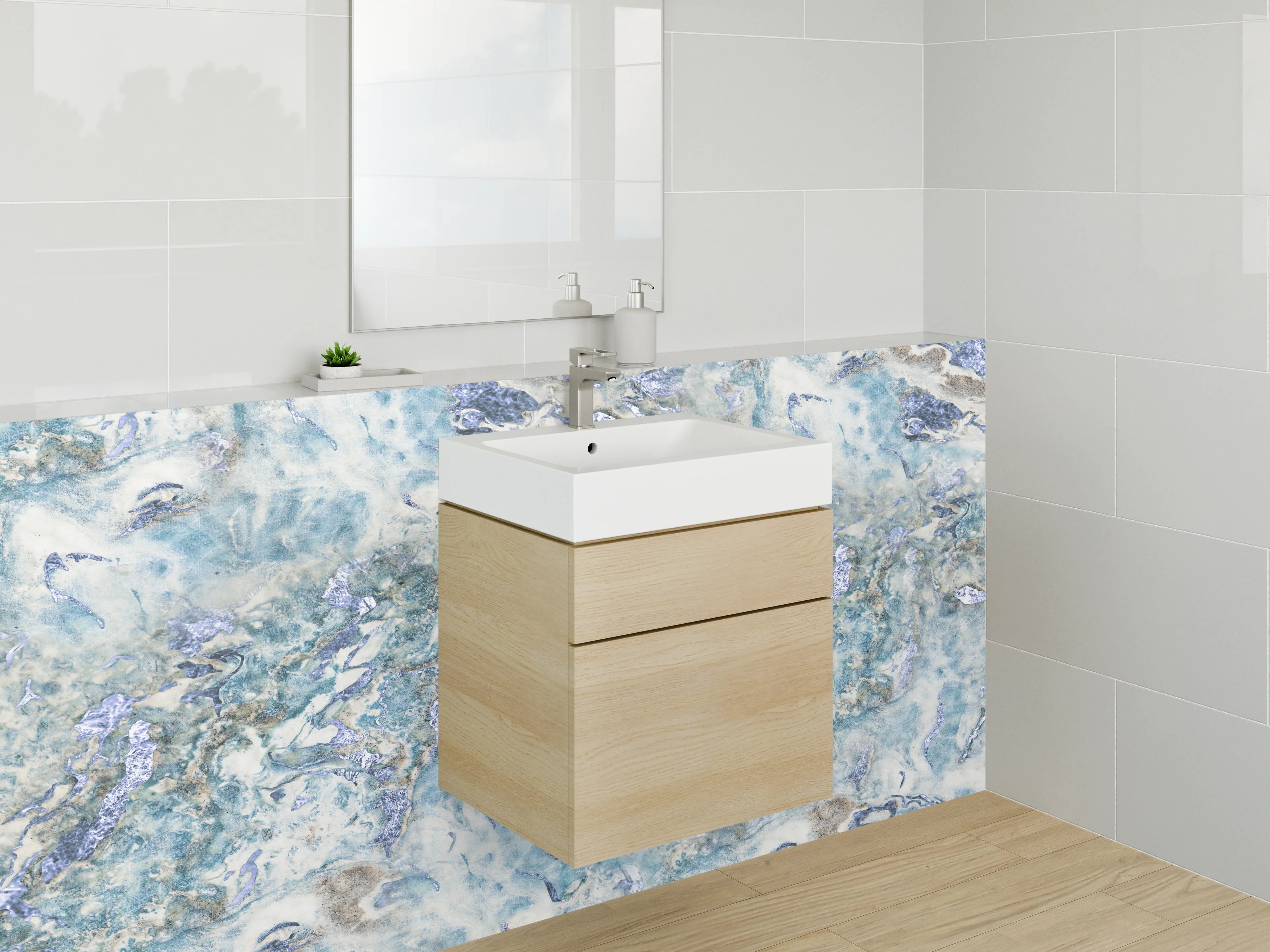 Waschbecken-Rückwand - Marmor Optik mit Blau- und Grautönen