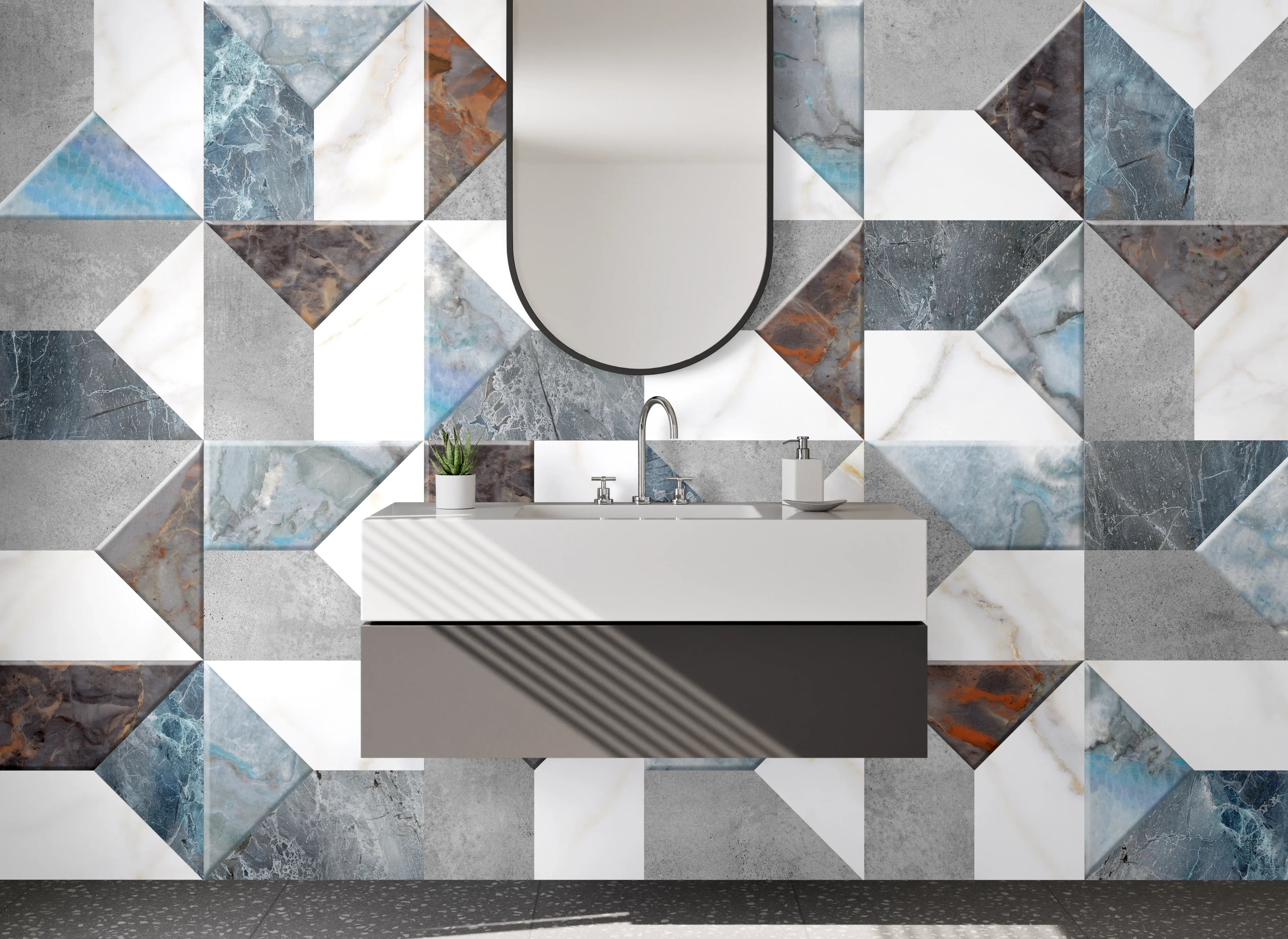 Waschbecken-Rückwand - Marmor Patchwork Muster Fliesen Grau