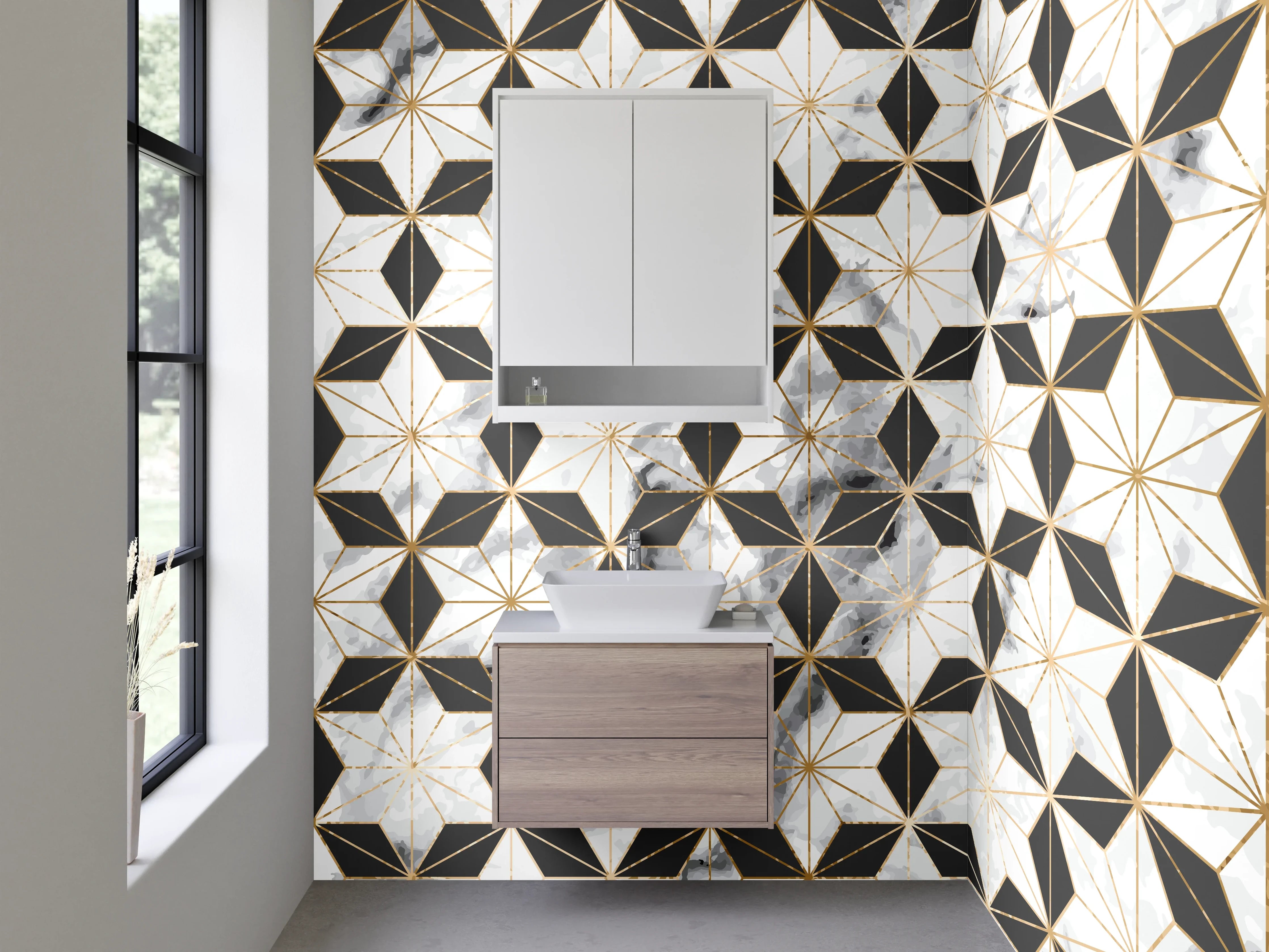 Waschbecken-Rückwand - Marmor Schwarz Weiß Gold Geometrie