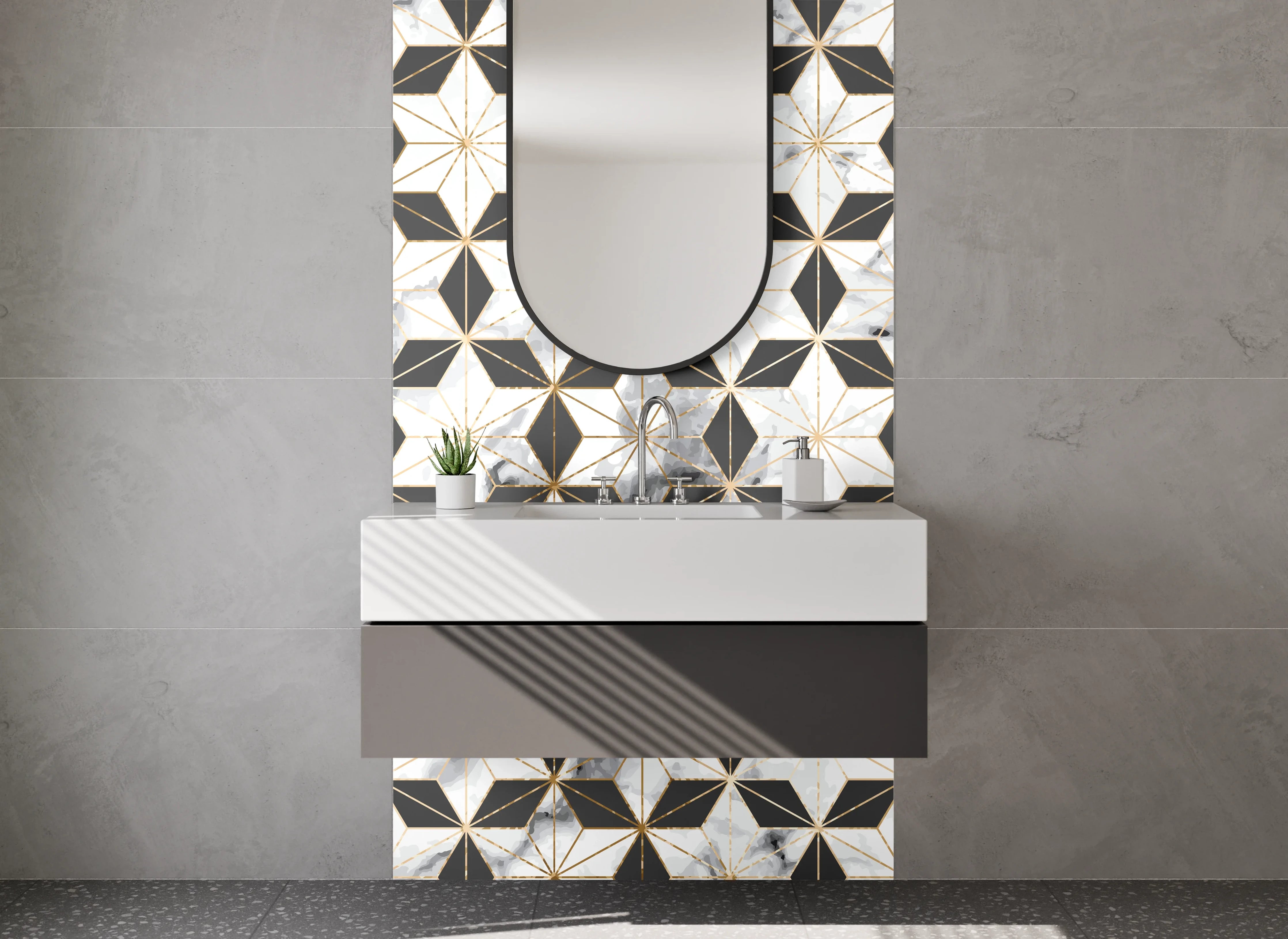 Waschbecken-Rückwand - Marmor Schwarz Weiß Gold Geometrie