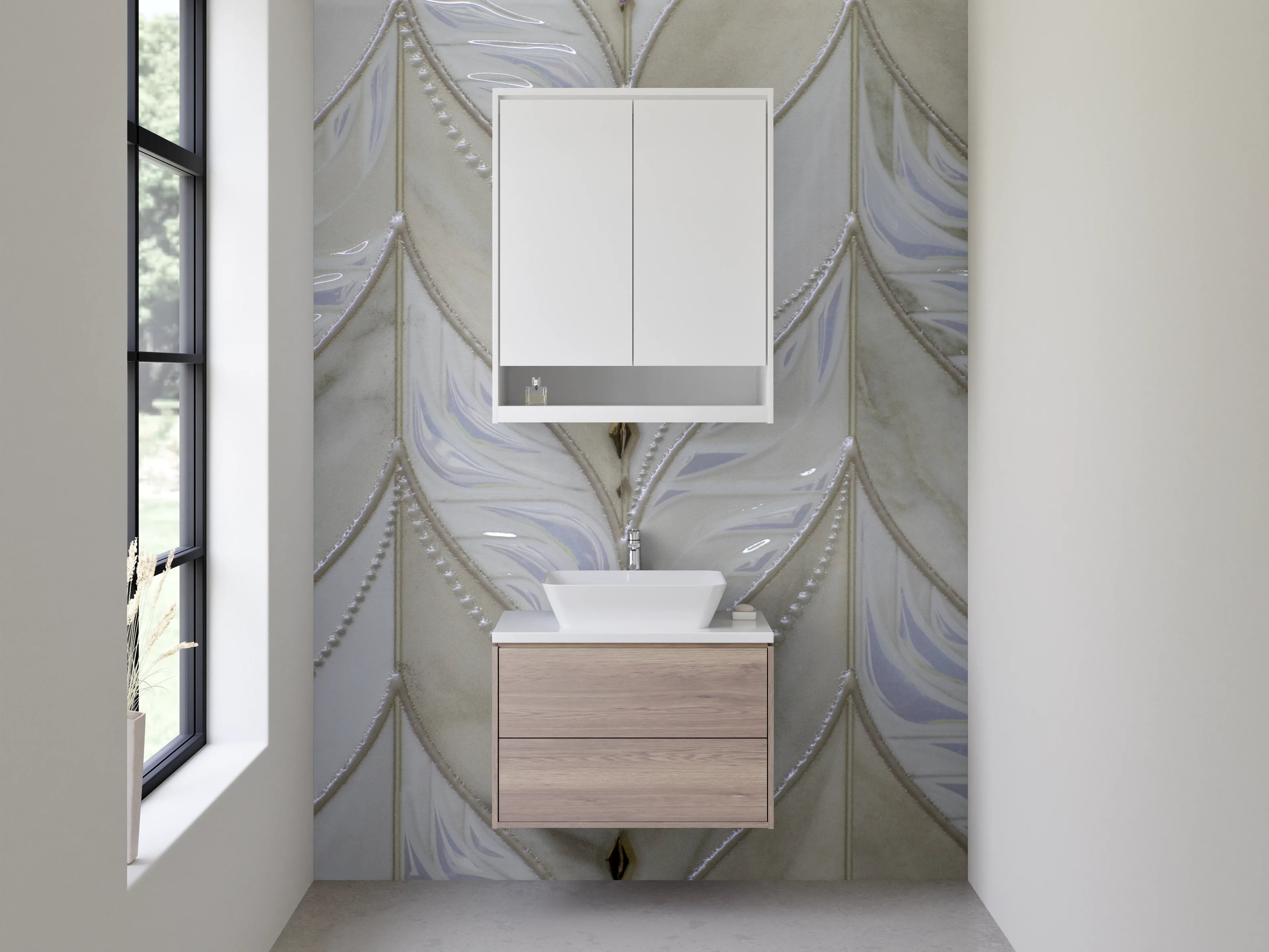 Waschbecken-Rückwand - Marmorierte Fliesen in Weiß und Beige