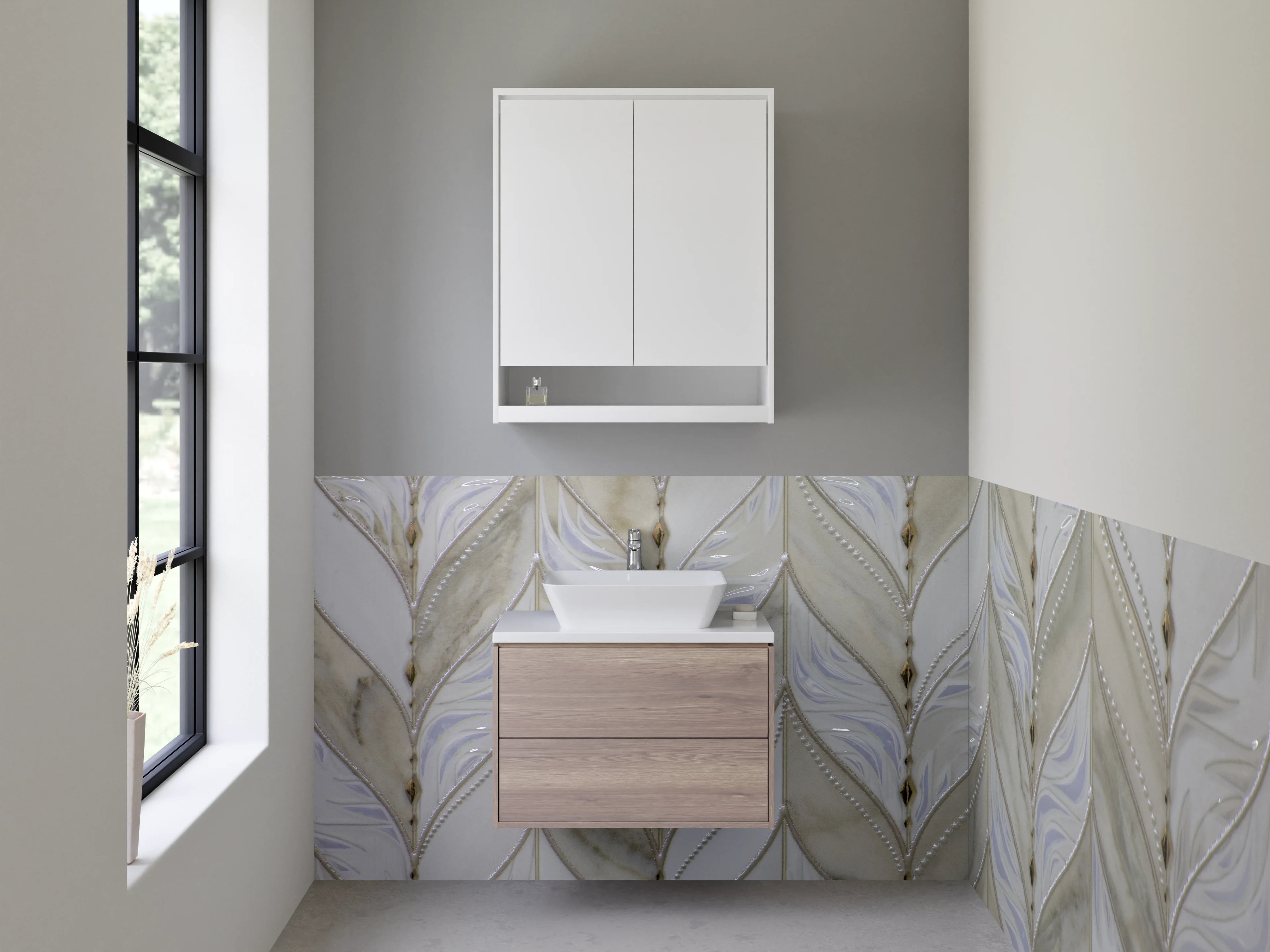 Waschbecken-Rückwand - Marmorierte Fliesen in Weiß und Beige