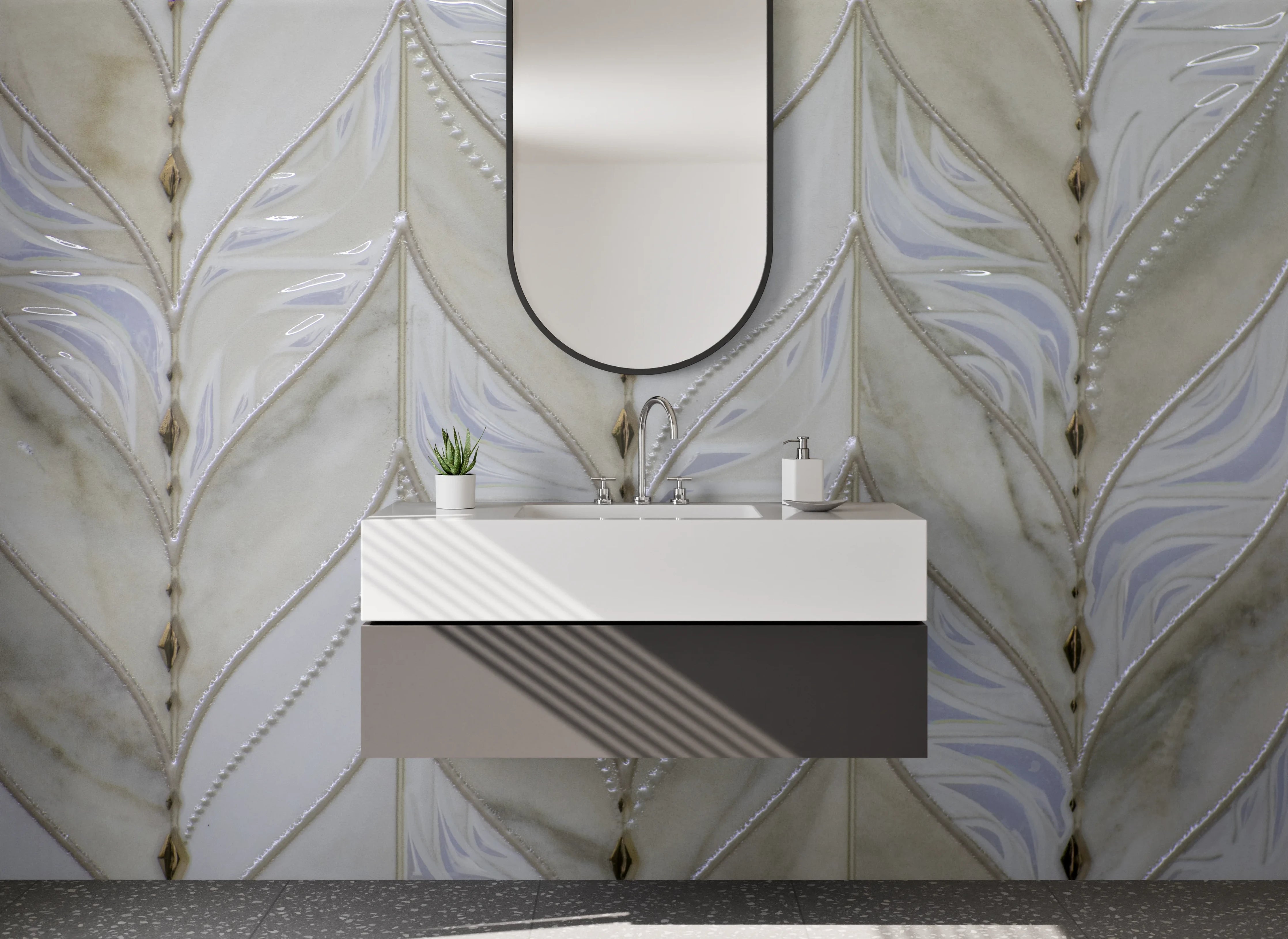 Waschbecken-Rückwand - Marmorierte Fliesen in Weiß und Beige