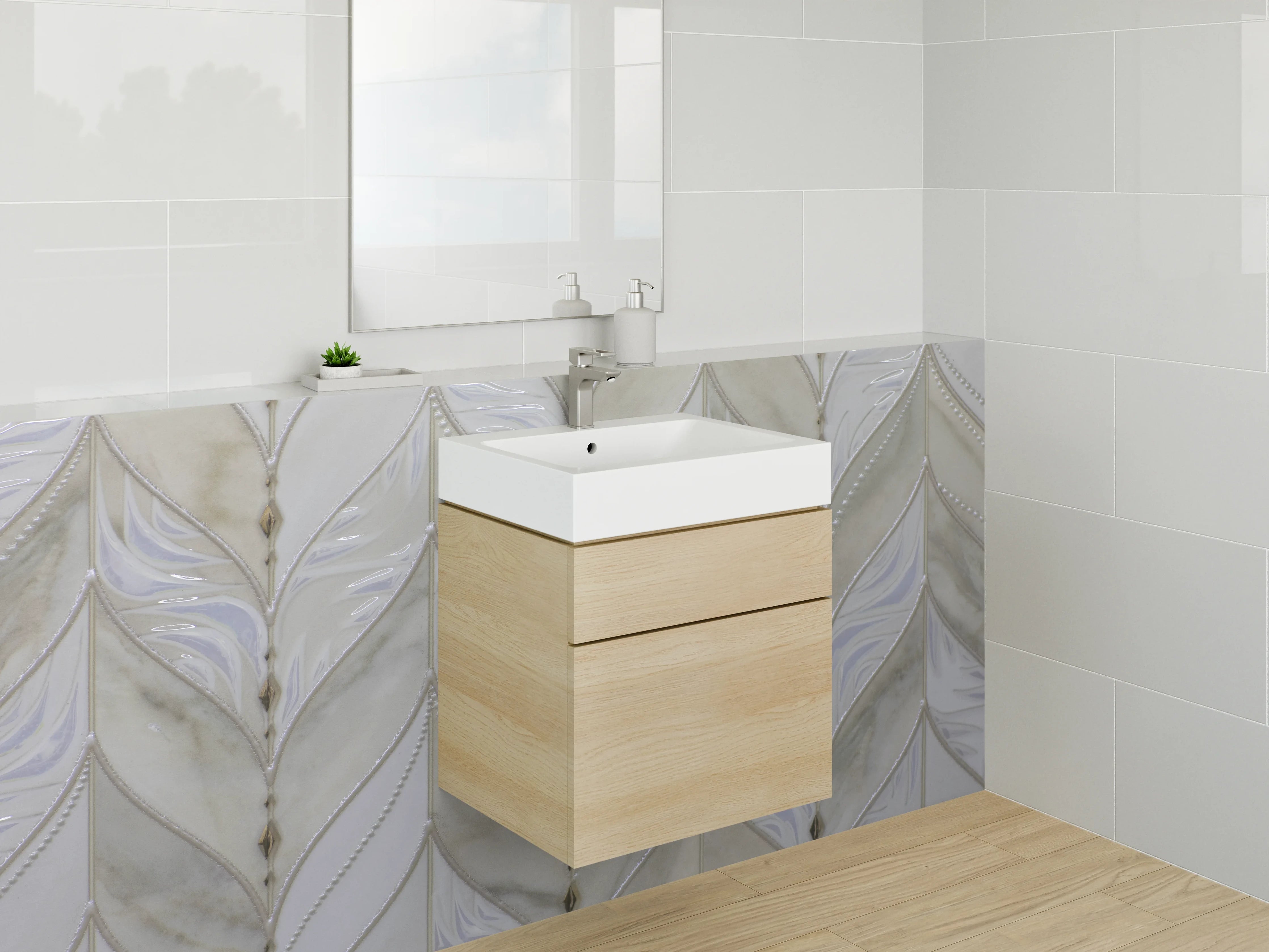 Waschbecken-Rückwand - Marmorierte Fliesen in Weiß und Beige