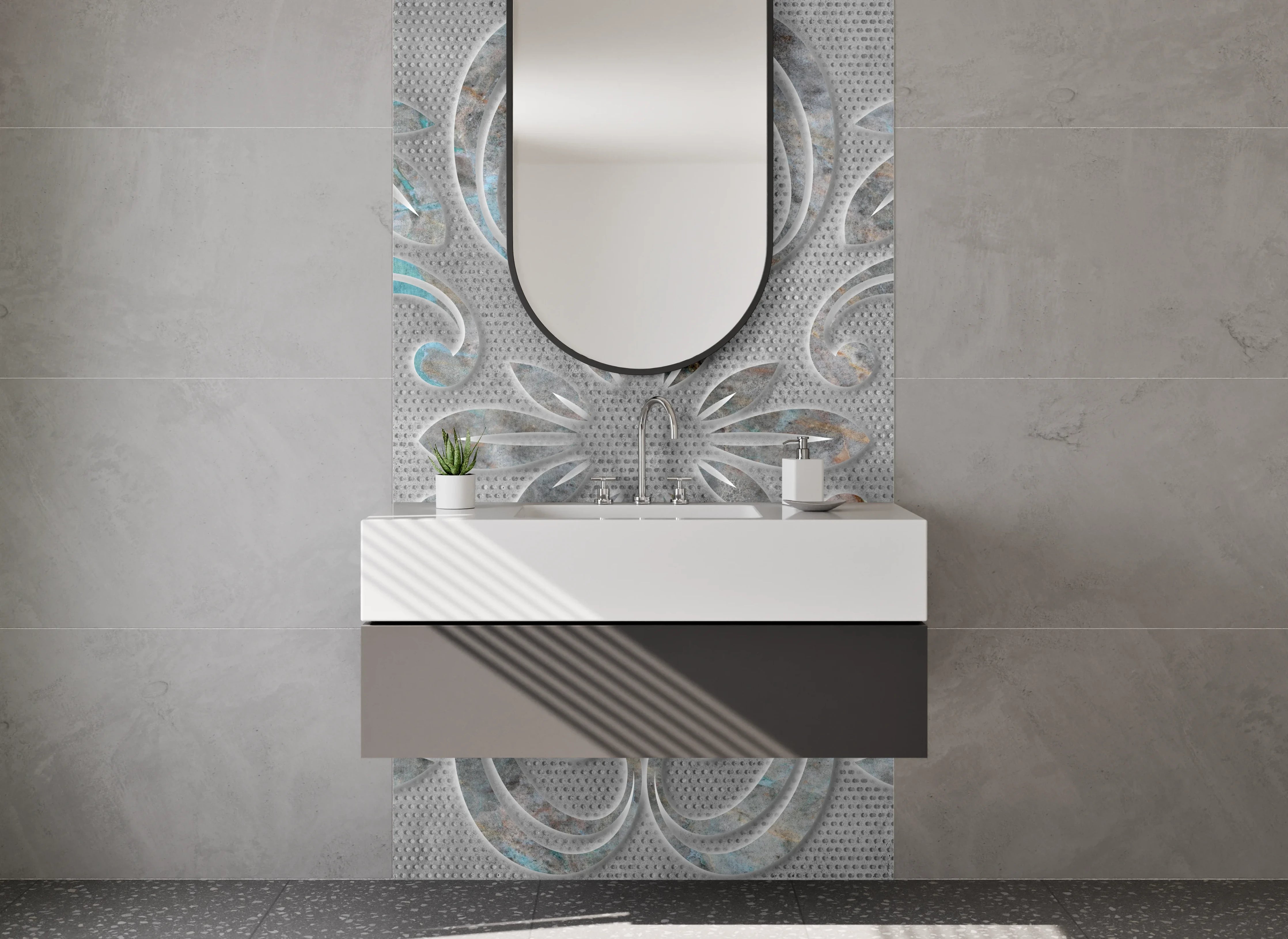 Waschbecken-Rückwand - Marmoriertes Ornament Grau Weiß Metallic