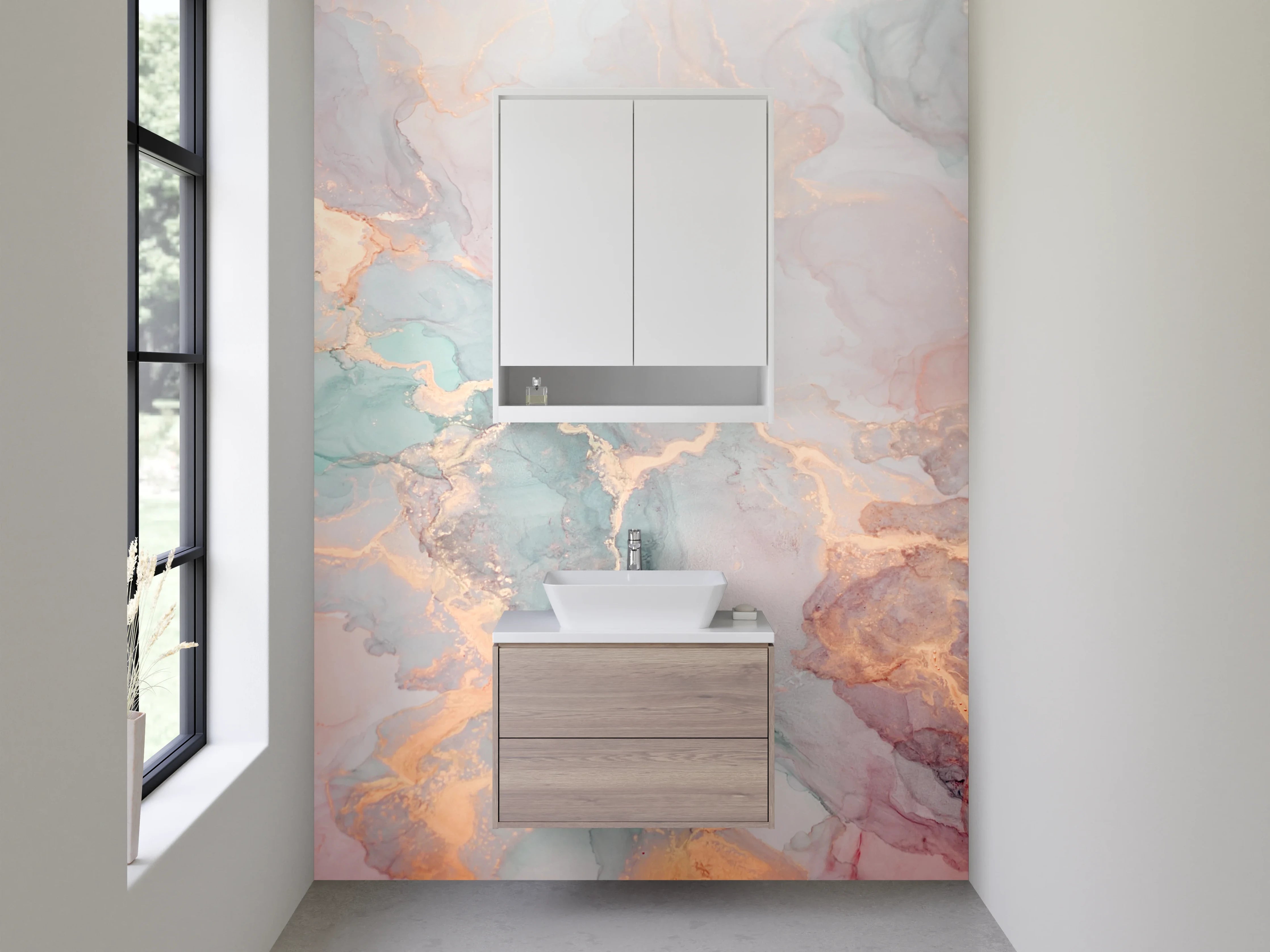 Waschbecken-Rückwand - Marmoroptik mit Gold- und Pastellakzenten