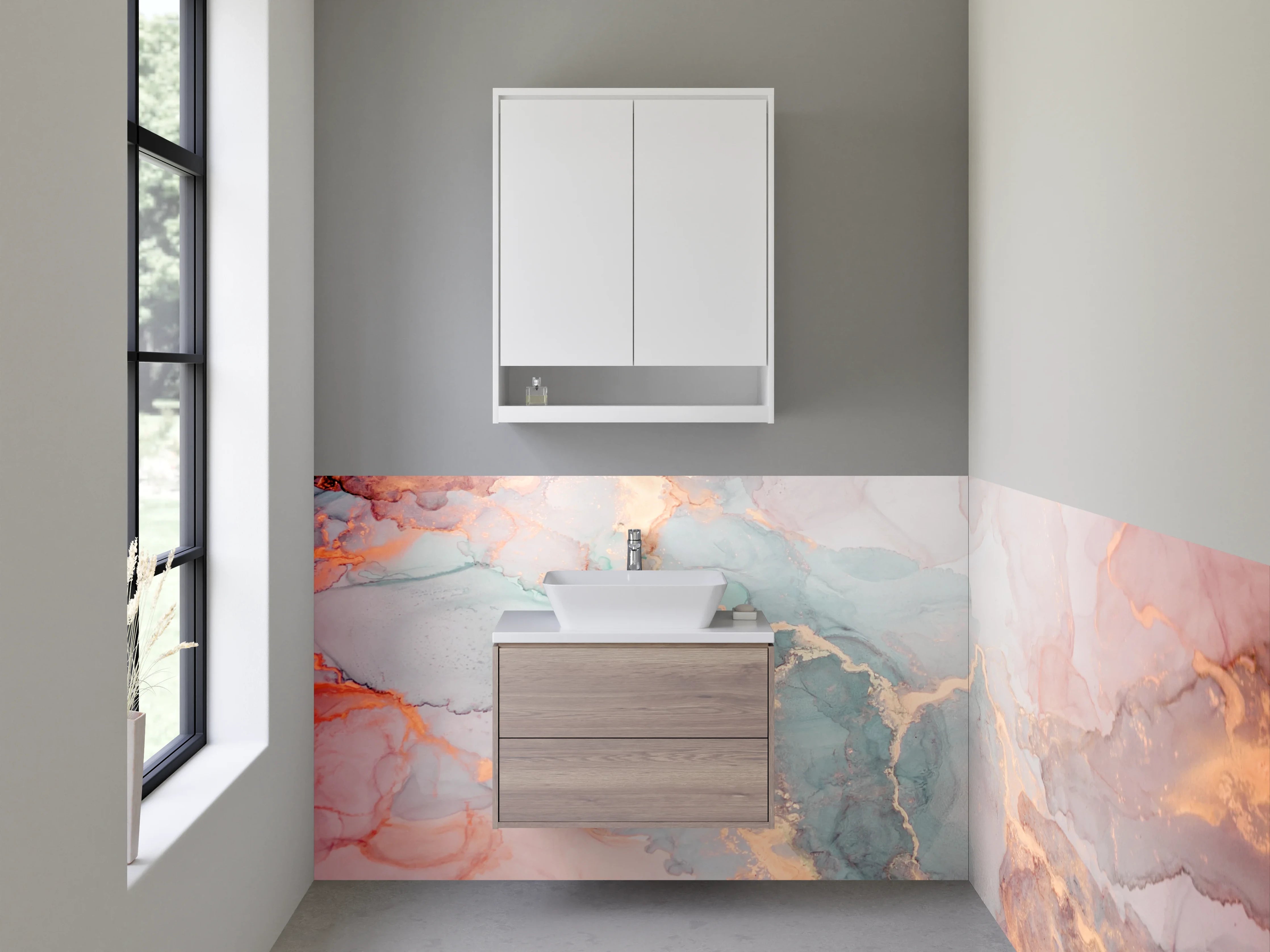 Waschbecken-Rückwand - Marmoroptik mit Gold- und Pastellakzenten