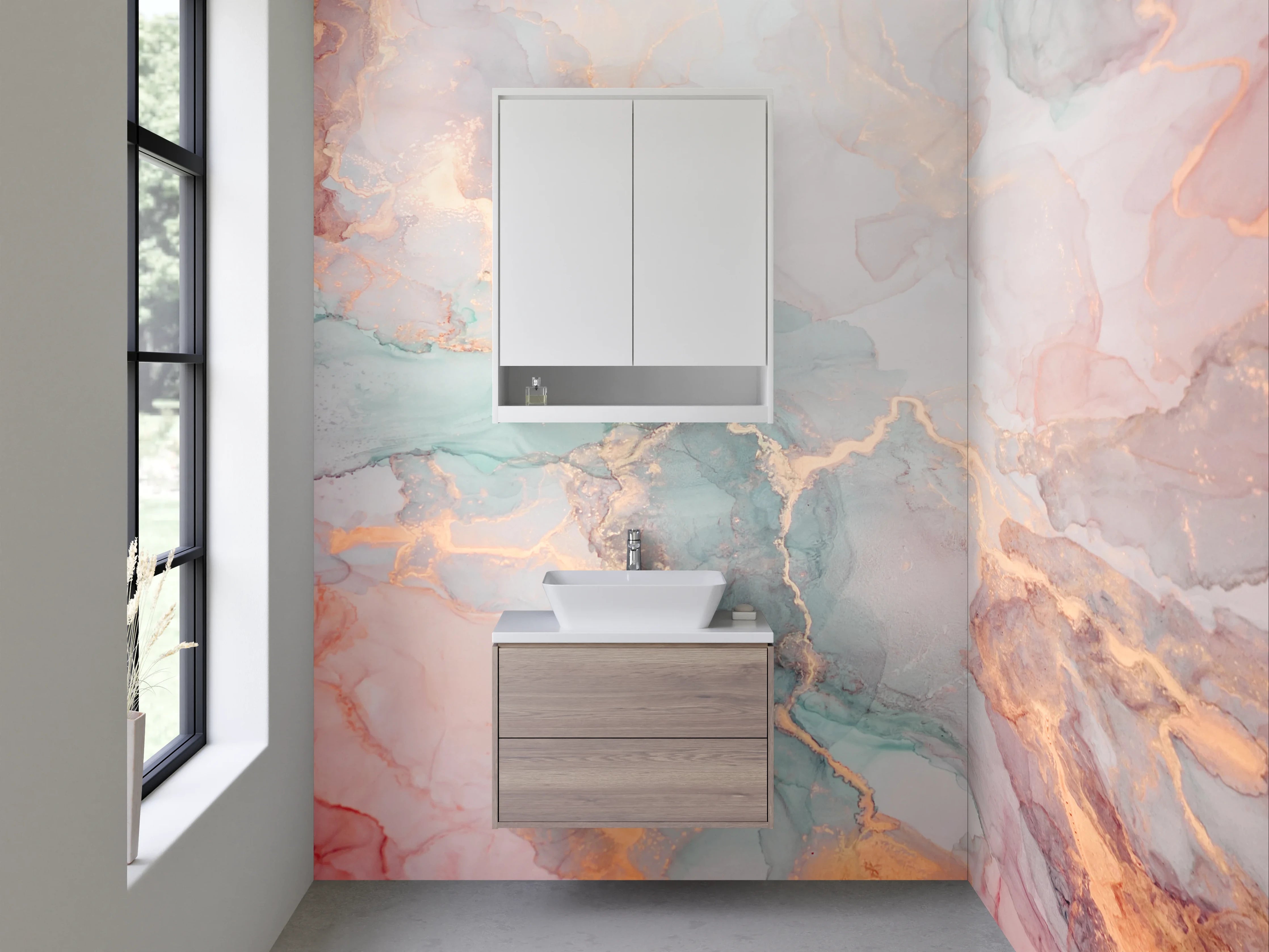 Waschbecken-Rückwand - Marmoroptik mit Gold- und Pastellakzenten
