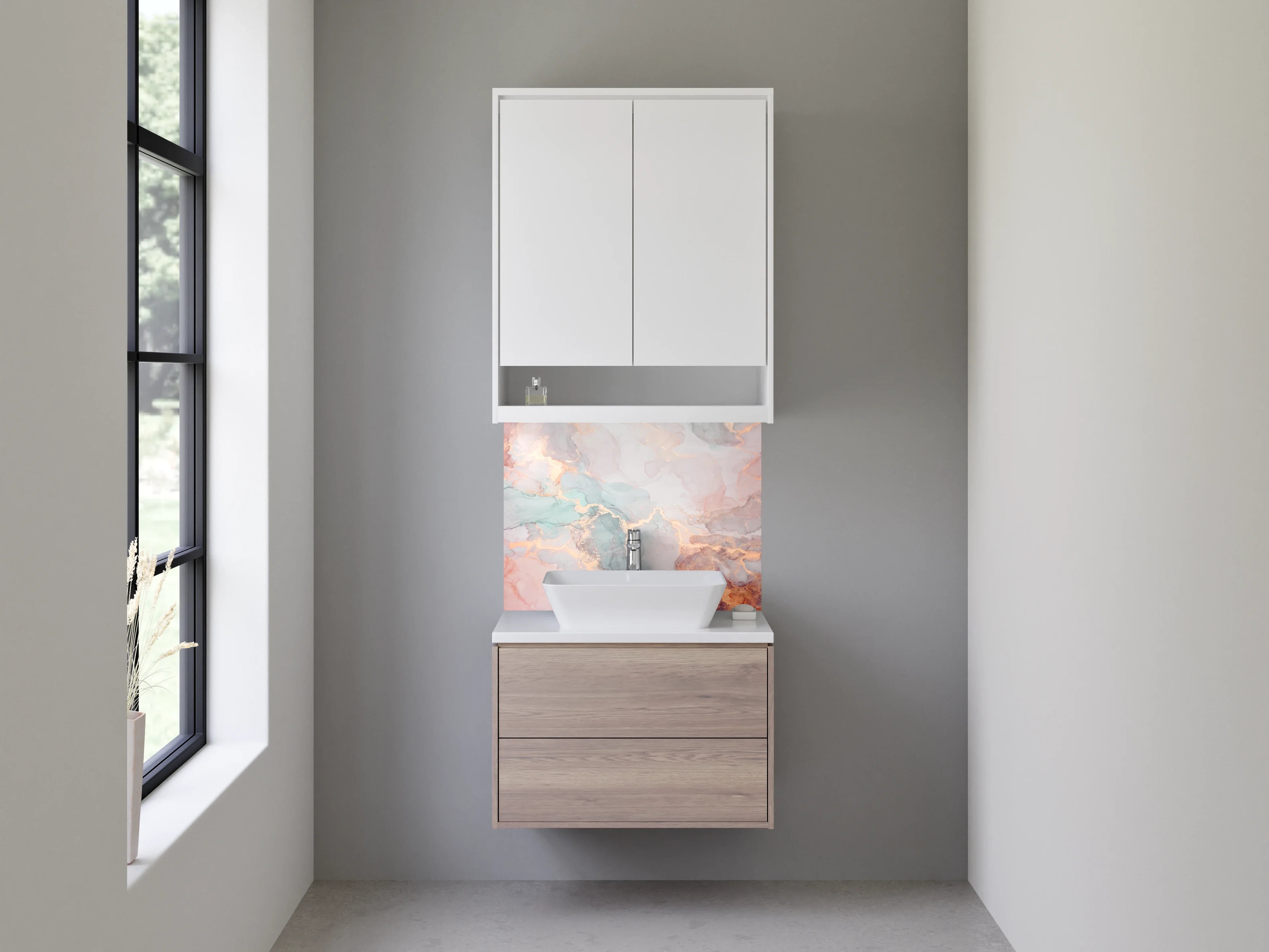 Waschbecken-Rückwand - Marmoroptik mit Gold- und Pastellakzenten