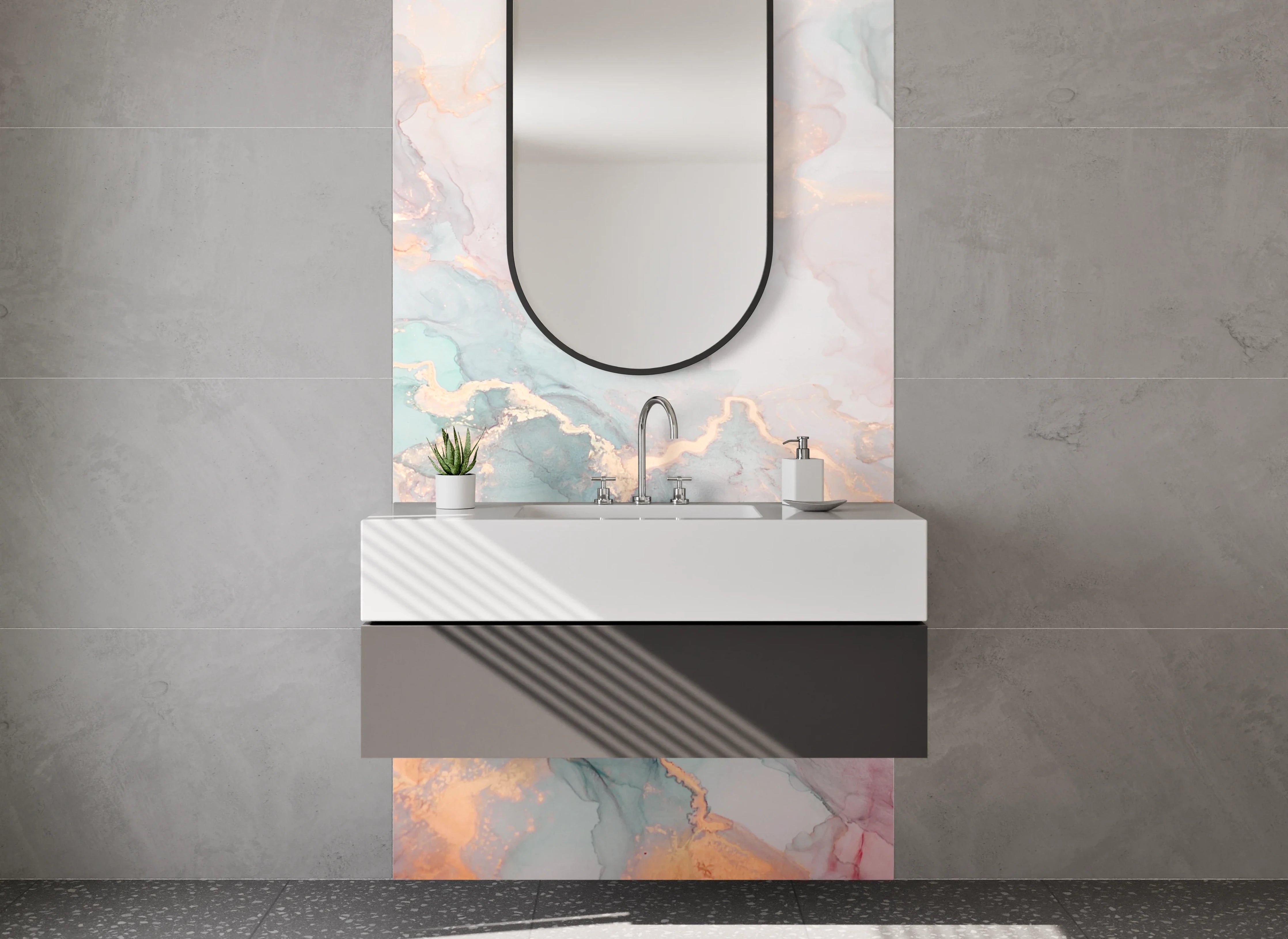 Waschbecken-Rückwand - Marmoroptik mit Gold- und Pastellakzenten