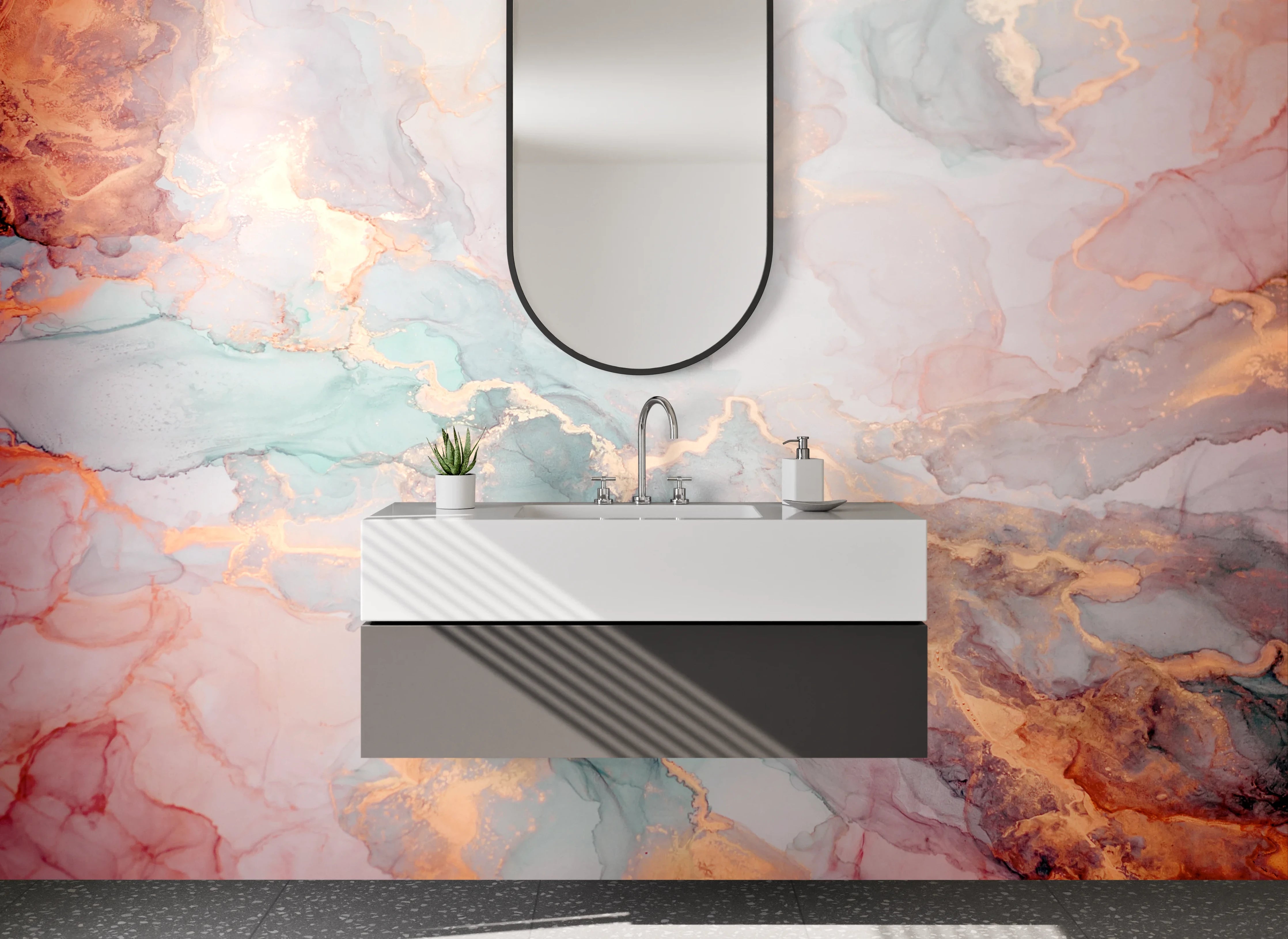 Waschbecken-Rückwand - Marmoroptik mit Gold- und Pastellakzenten