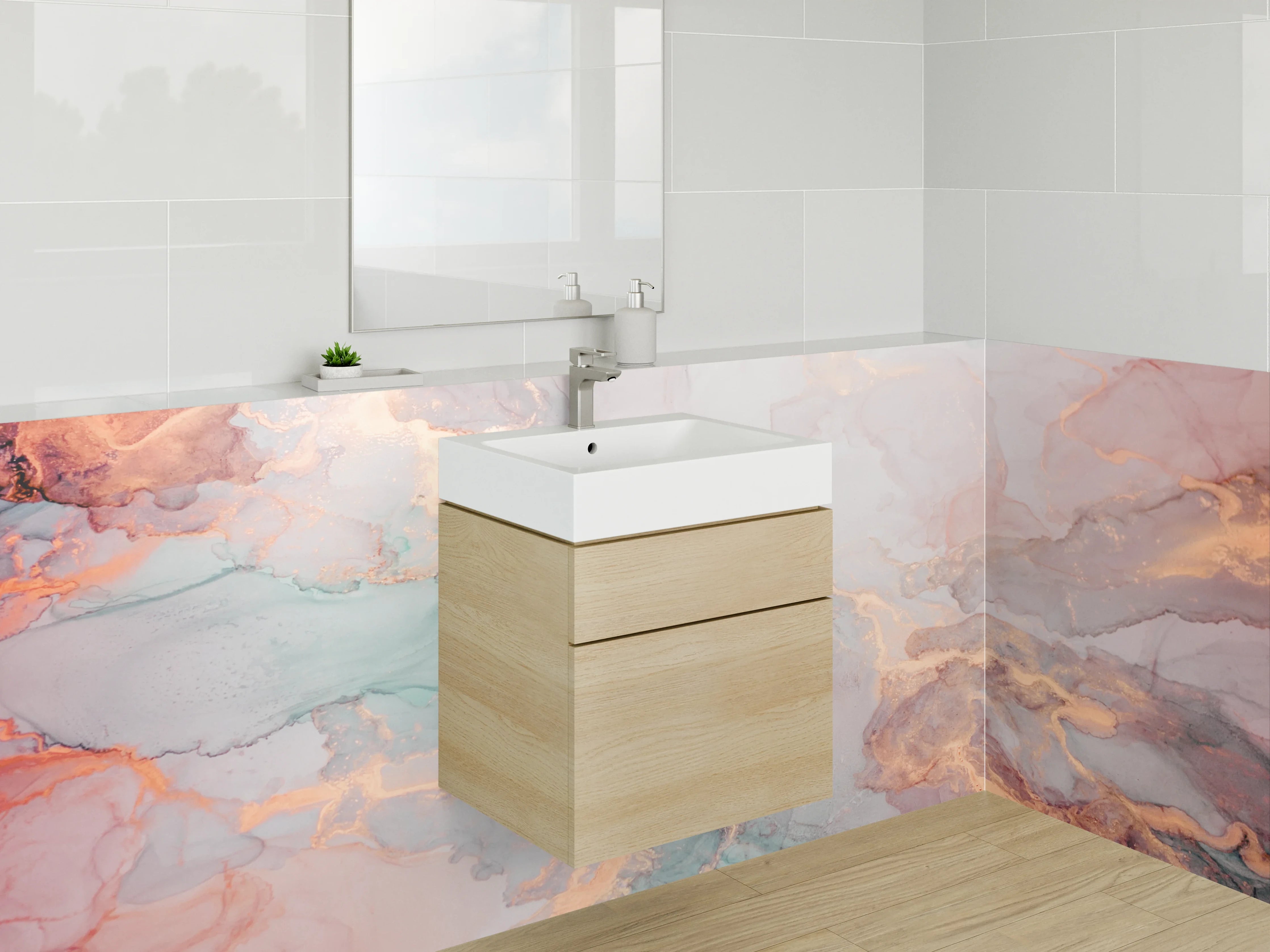 Waschbecken-Rückwand - Marmoroptik mit Gold- und Pastellakzenten