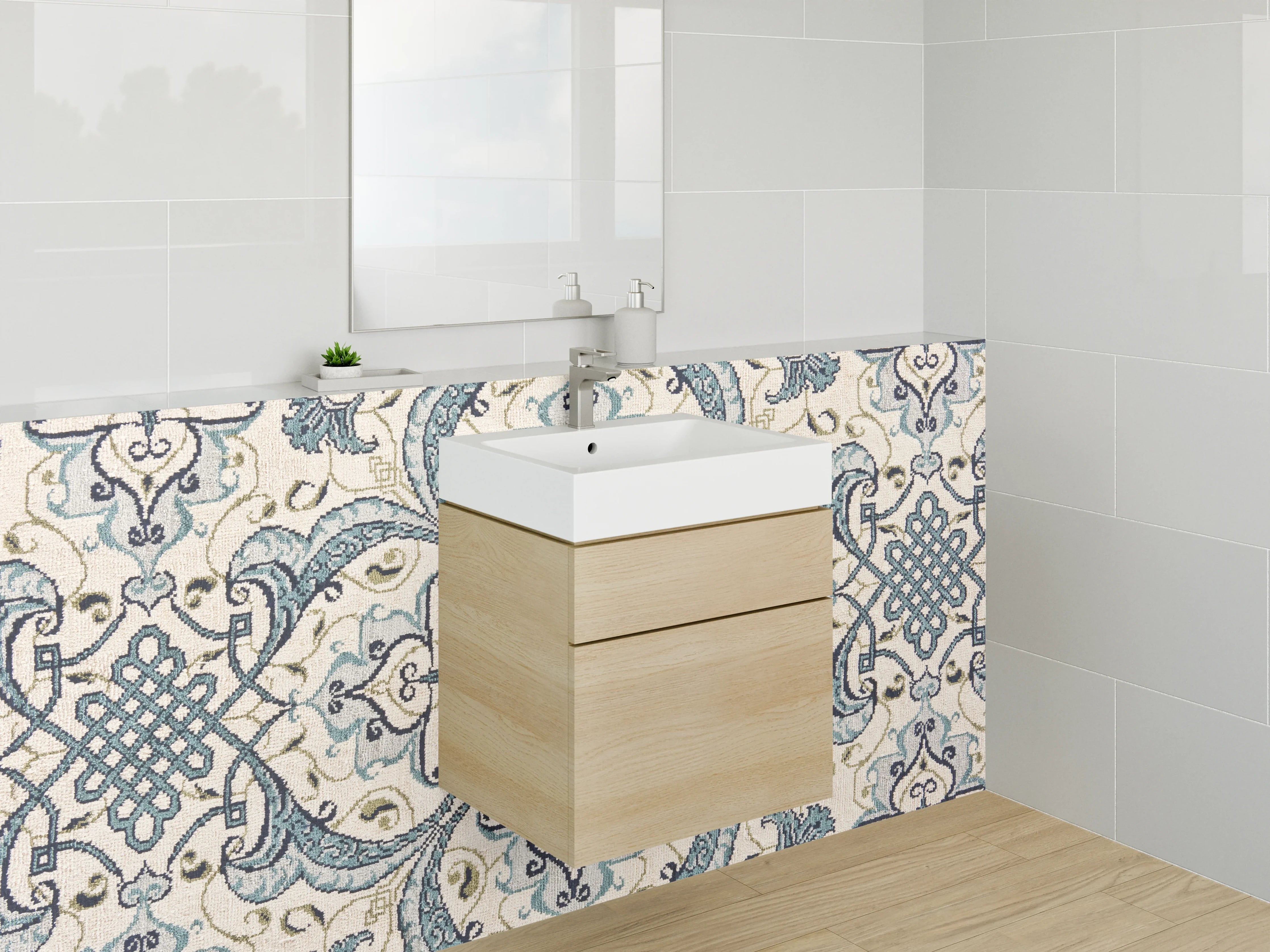 Waschbecken-Rückwand - Marokkanische Fliesenoptik Blau-Grau-Beige