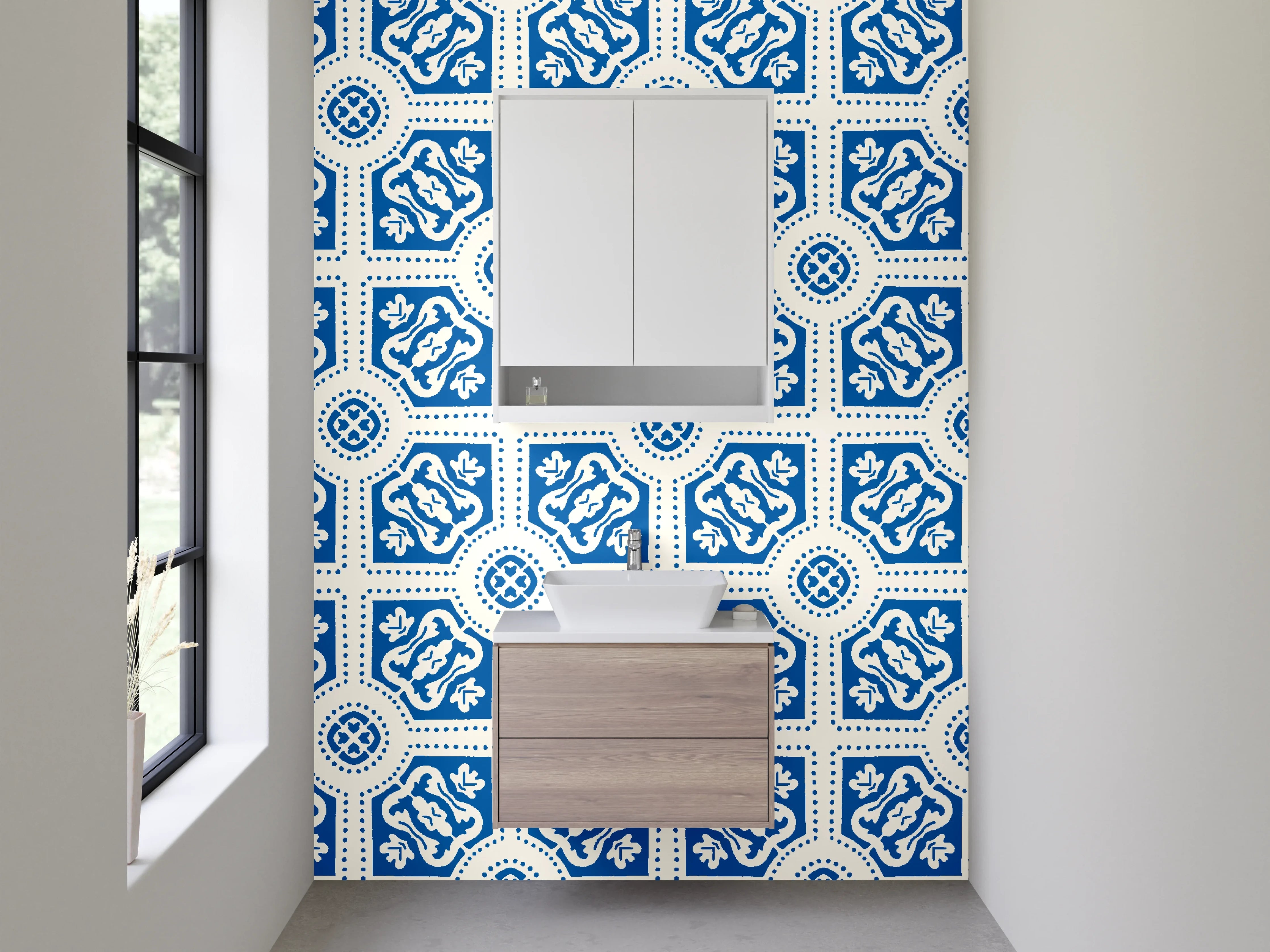 Waschbecken-Rückwand - Marokkanisches Fliesendekor Blau-Grau-Weiß