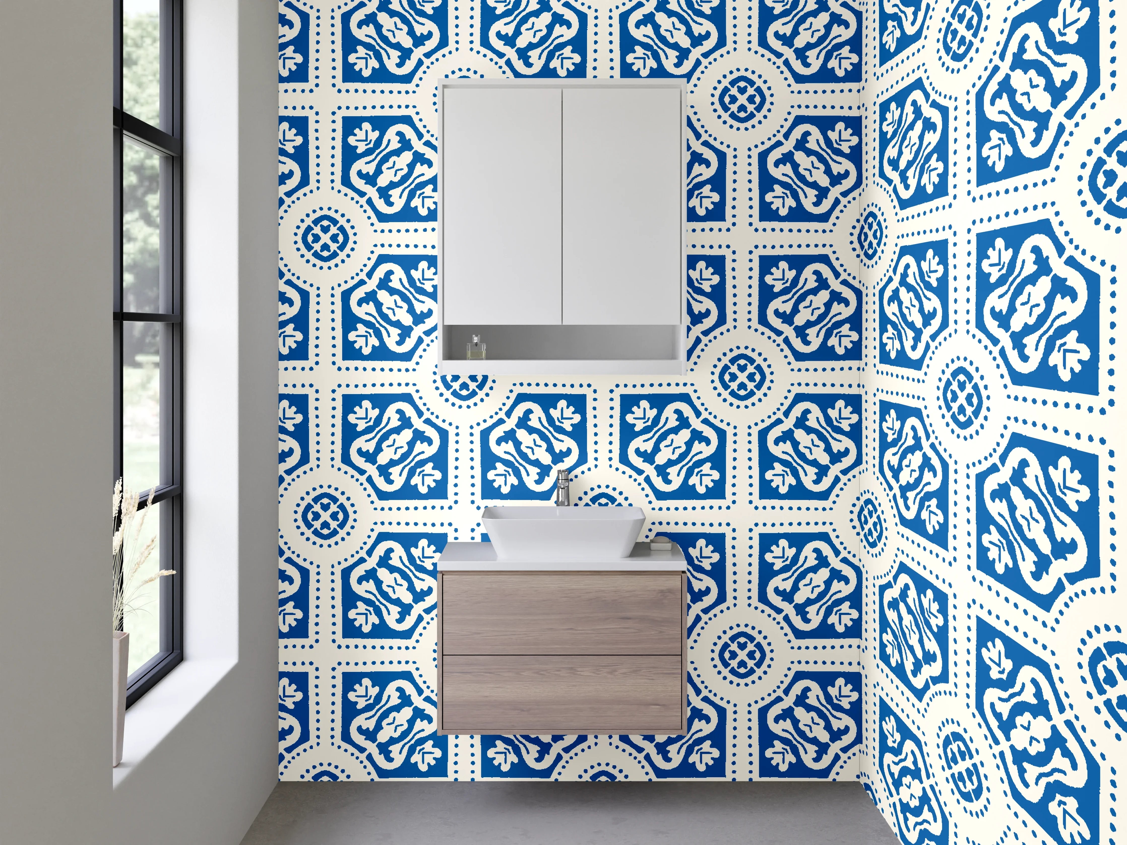 Waschbecken-Rückwand - Marokkanisches Fliesendekor Blau-Grau-Weiß