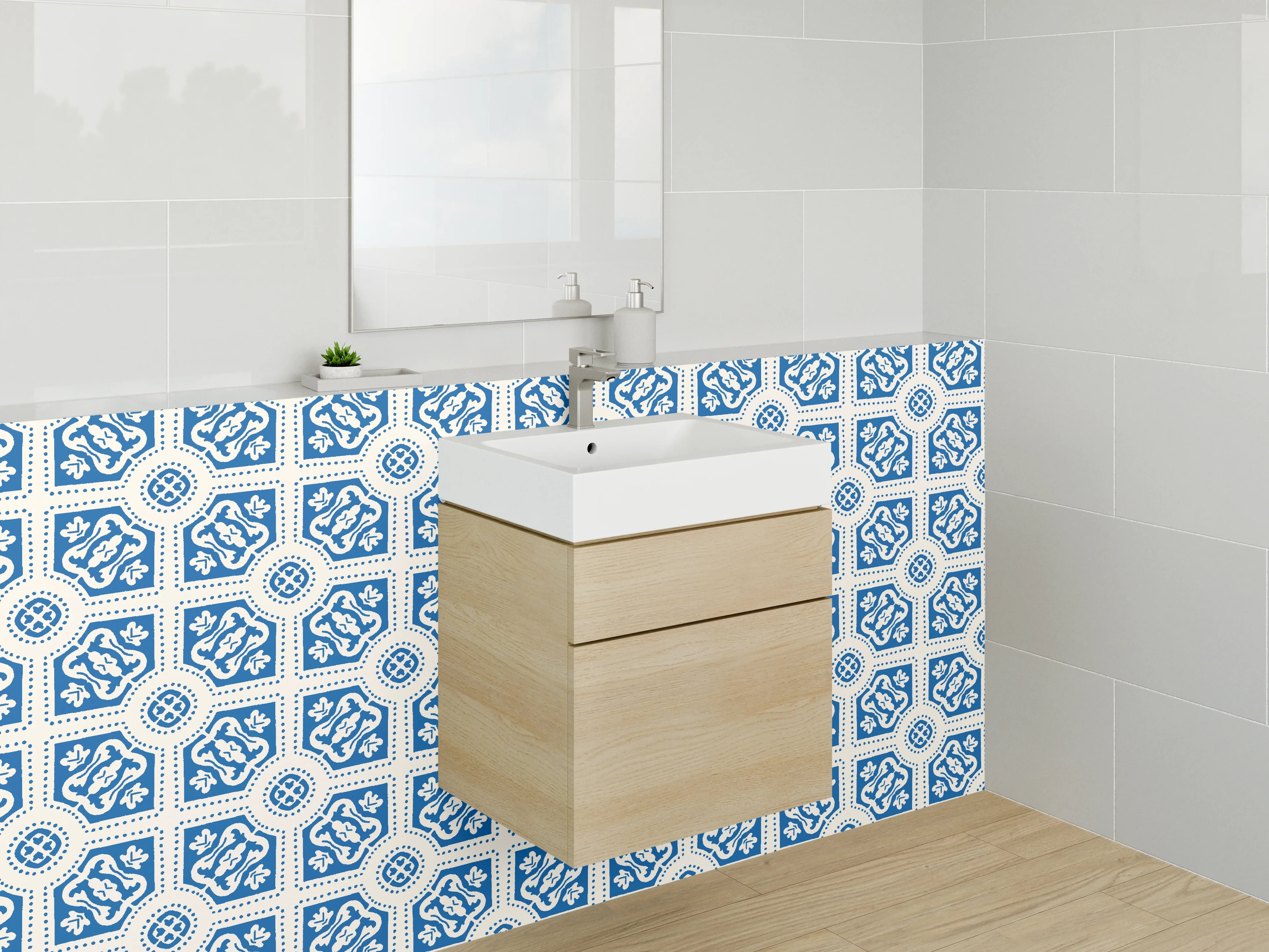 Waschbecken-Rückwand - Marokkanisches Fliesendekor Blau-Grau-Weiß