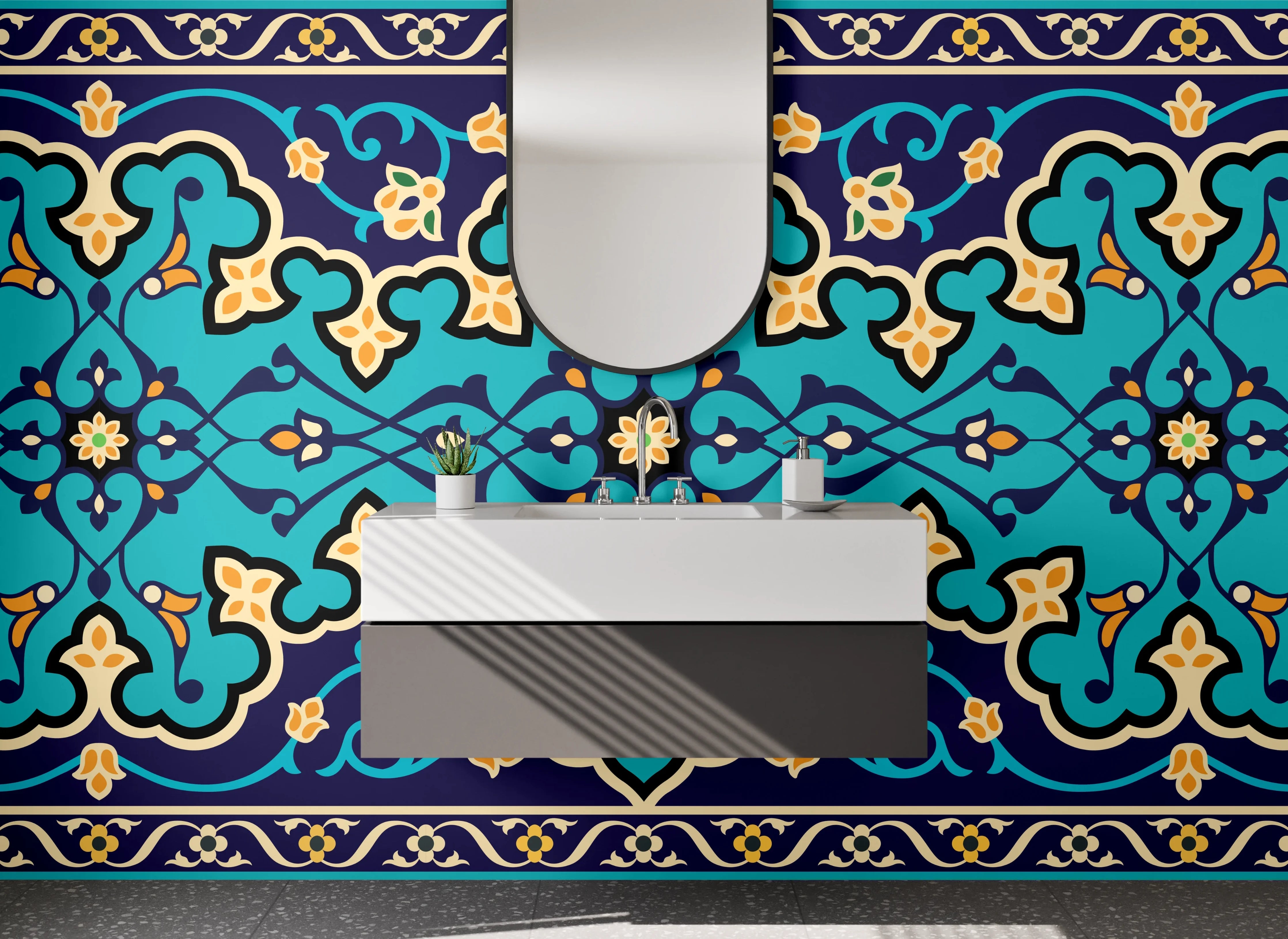 Waschbecken-Rückwand - Marokkanisches Fliesendesign Türkis-Blau-Grau