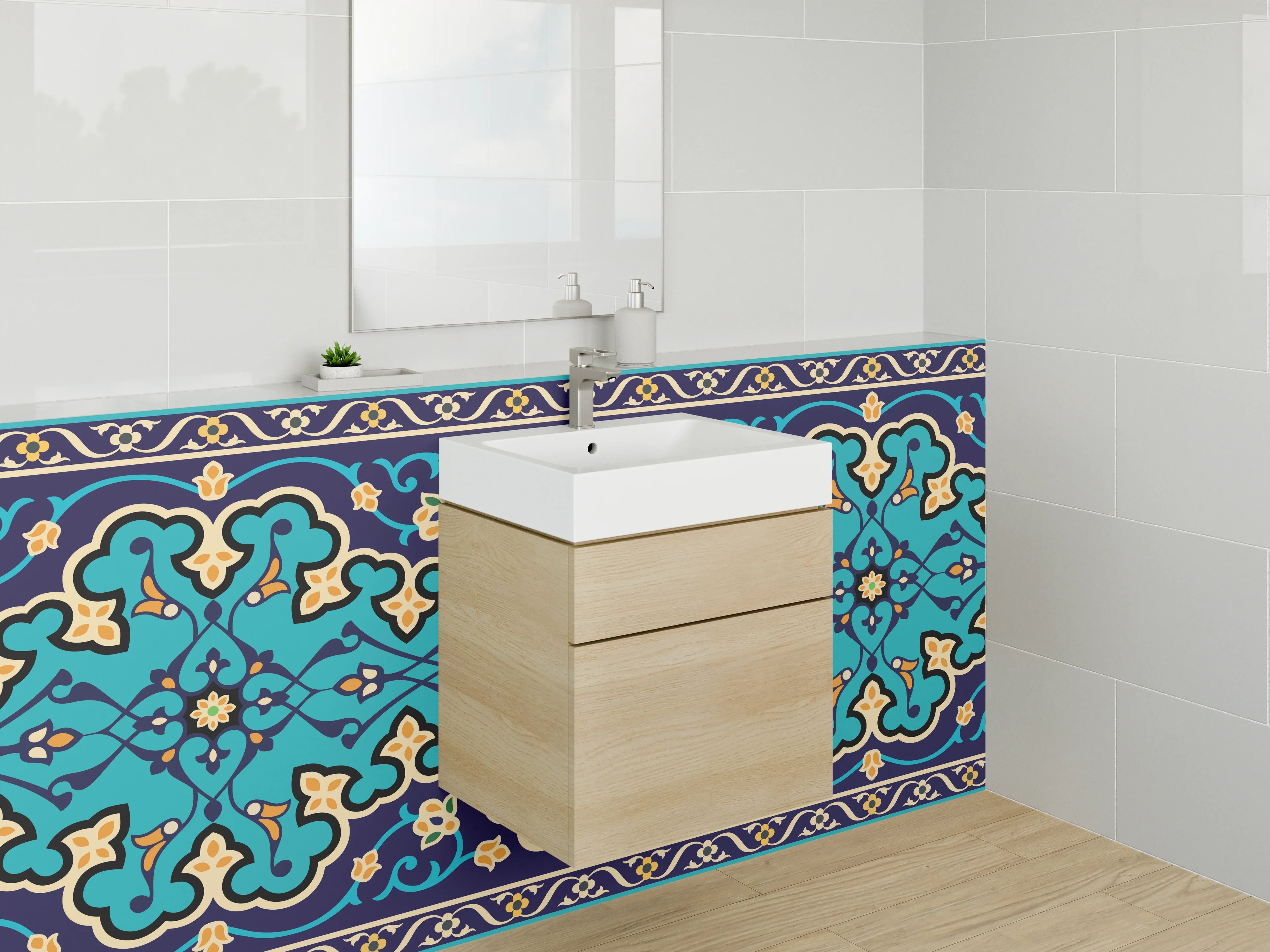 Waschbecken-Rückwand - Marokkanisches Fliesendesign Türkis-Blau-Grau