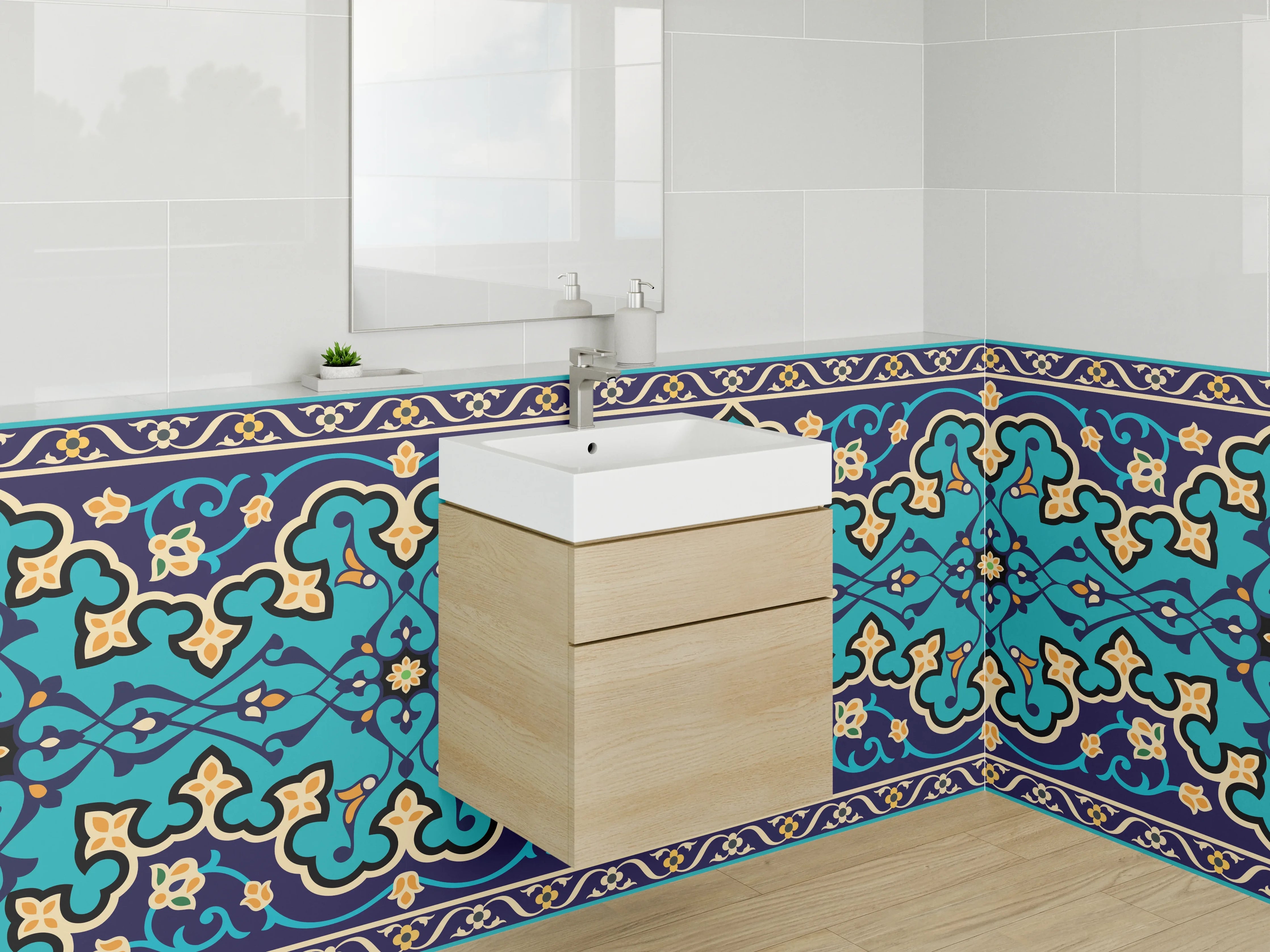 Waschbecken-Rückwand - Marokkanisches Fliesendesign Türkis-Blau-Grau