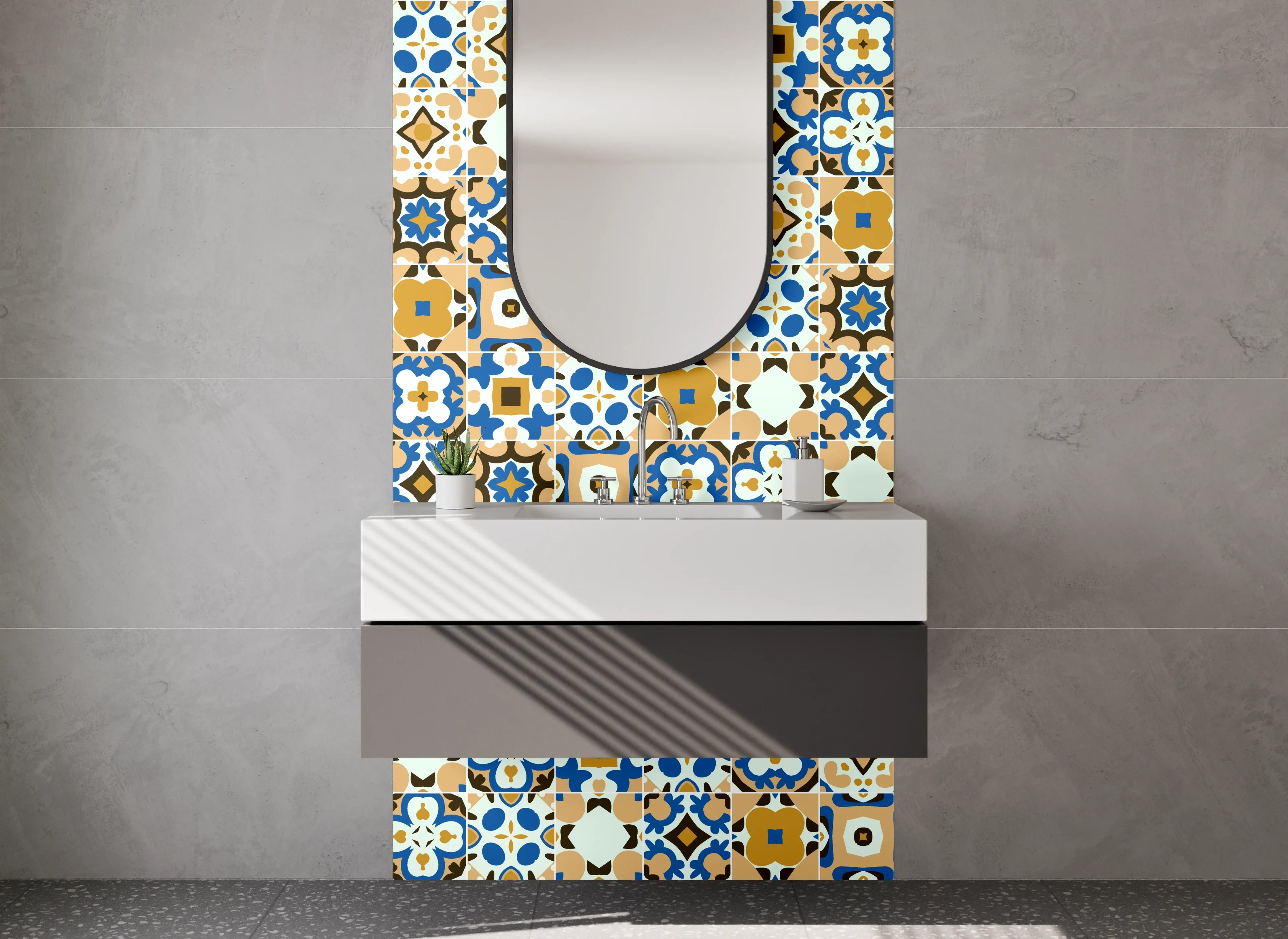 Waschbecken-Rückwand - Marokkanisches Fliesenmuster Grau-Blau-Beige