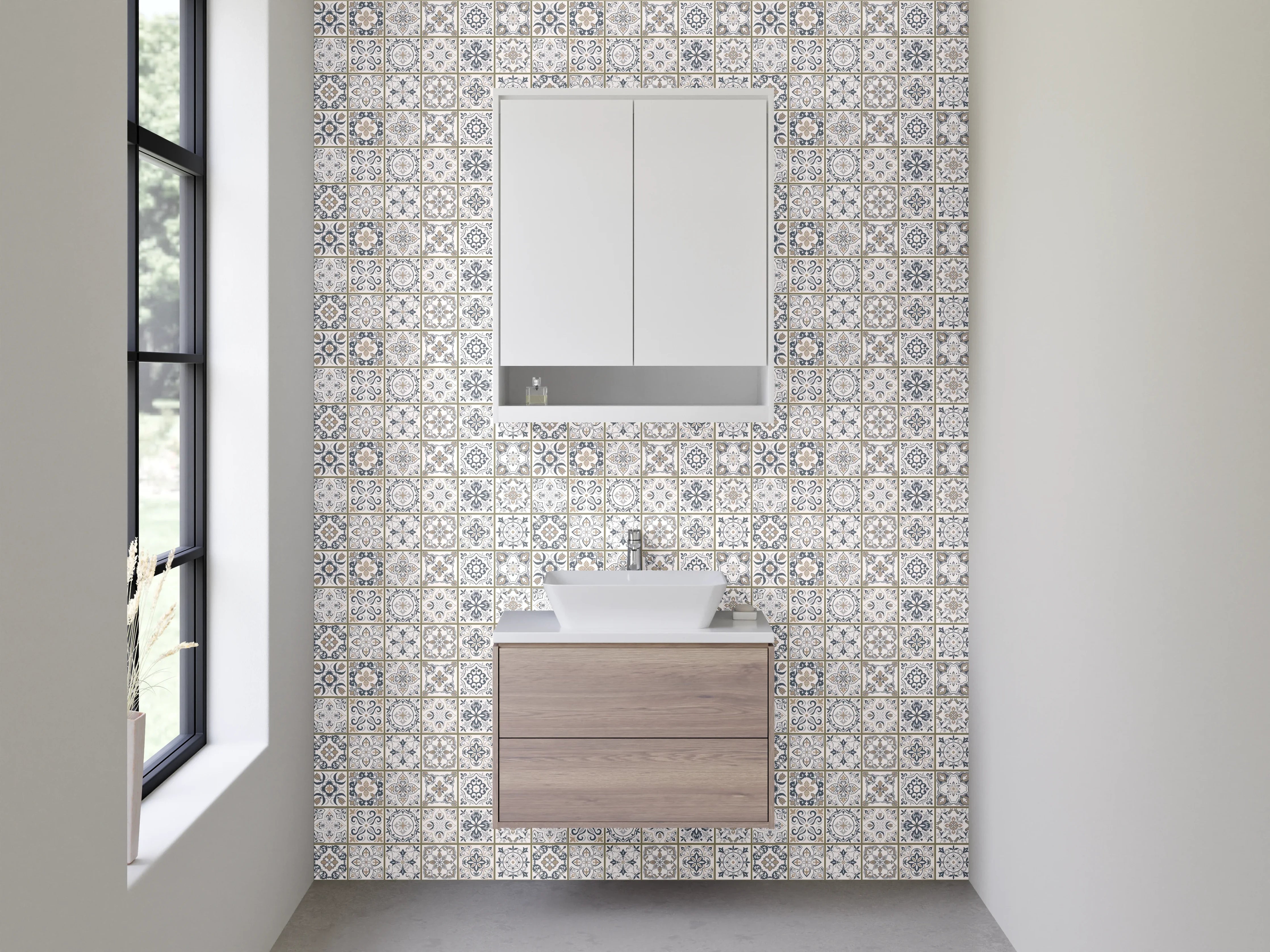 Waschbecken-Rückwand - Marokkanisches Fliesenmuster in Grau-Beige