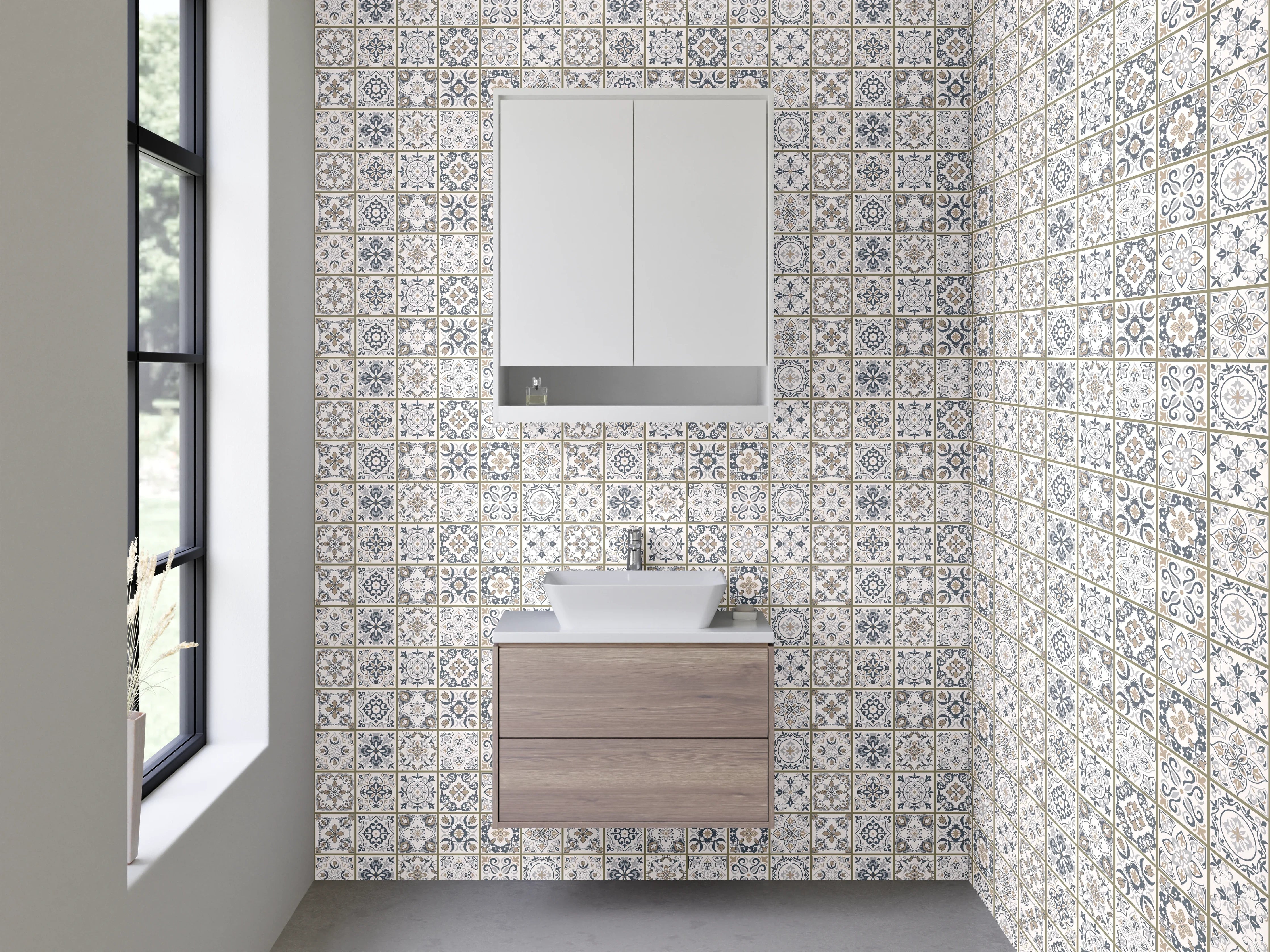 Waschbecken-Rückwand - Marokkanisches Fliesenmuster in Grau-Beige