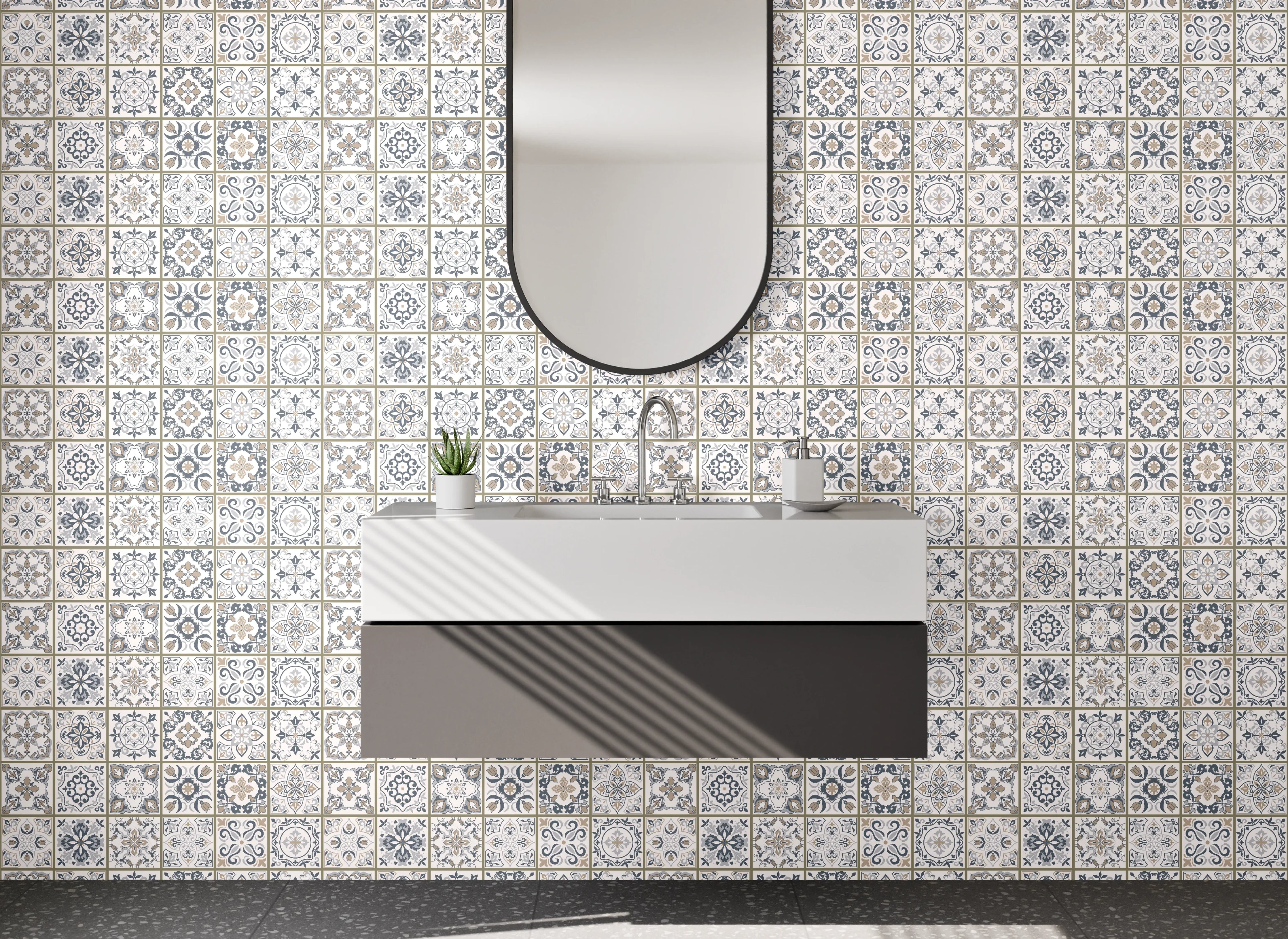 Waschbecken-Rückwand - Marokkanisches Fliesenmuster in Grau-Beige