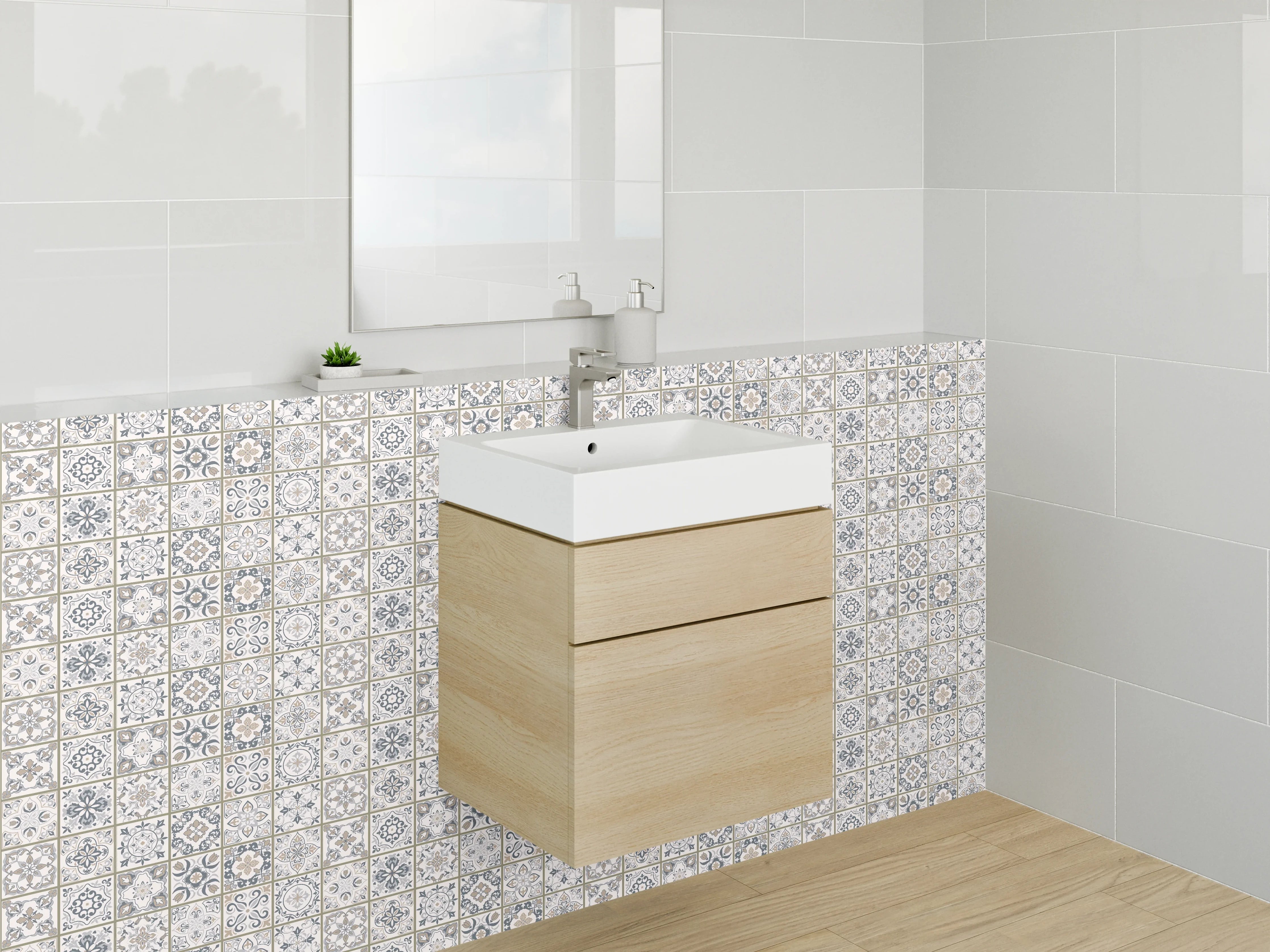 Waschbecken-Rückwand - Marokkanisches Fliesenmuster in Grau-Beige