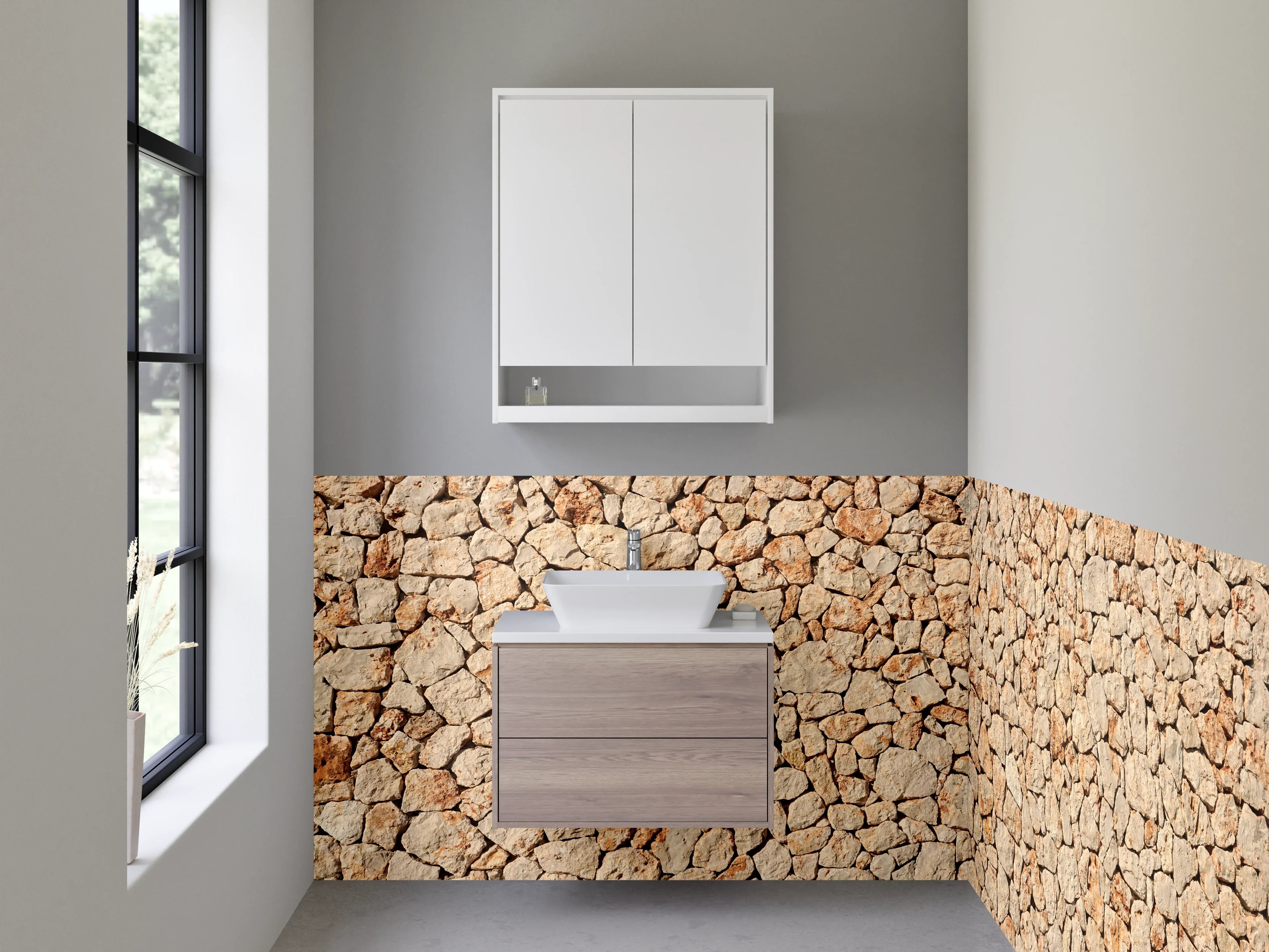 Waschbecken-Rückwand - Mediterrane Natursteinmauer Optik