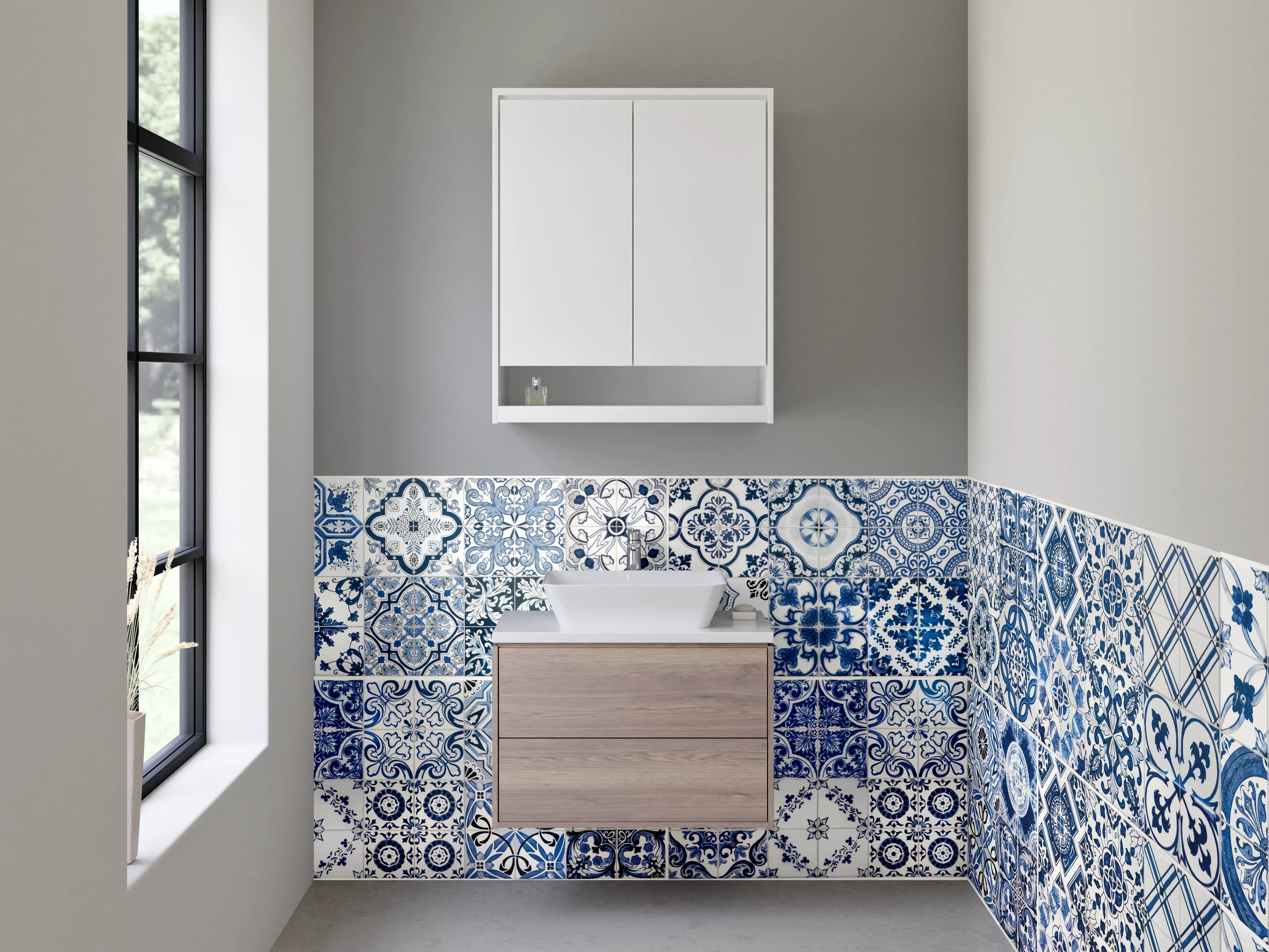 Waschbecken-Rückwand - Mediterrane Vintage-Fliesen Blau-Weiß