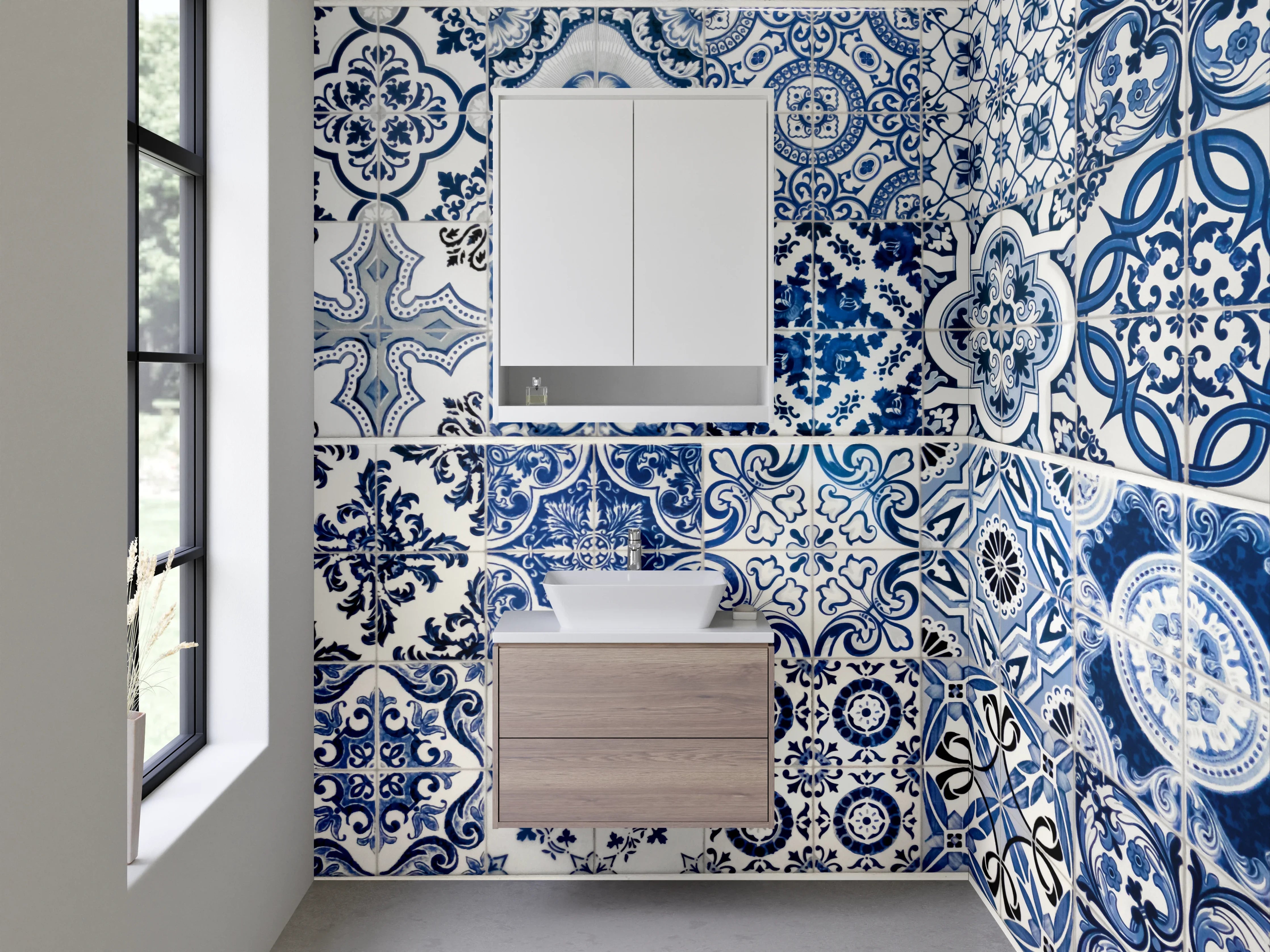 Waschbecken-Rückwand - Mediterrane Vintage-Fliesen Blau-Weiß