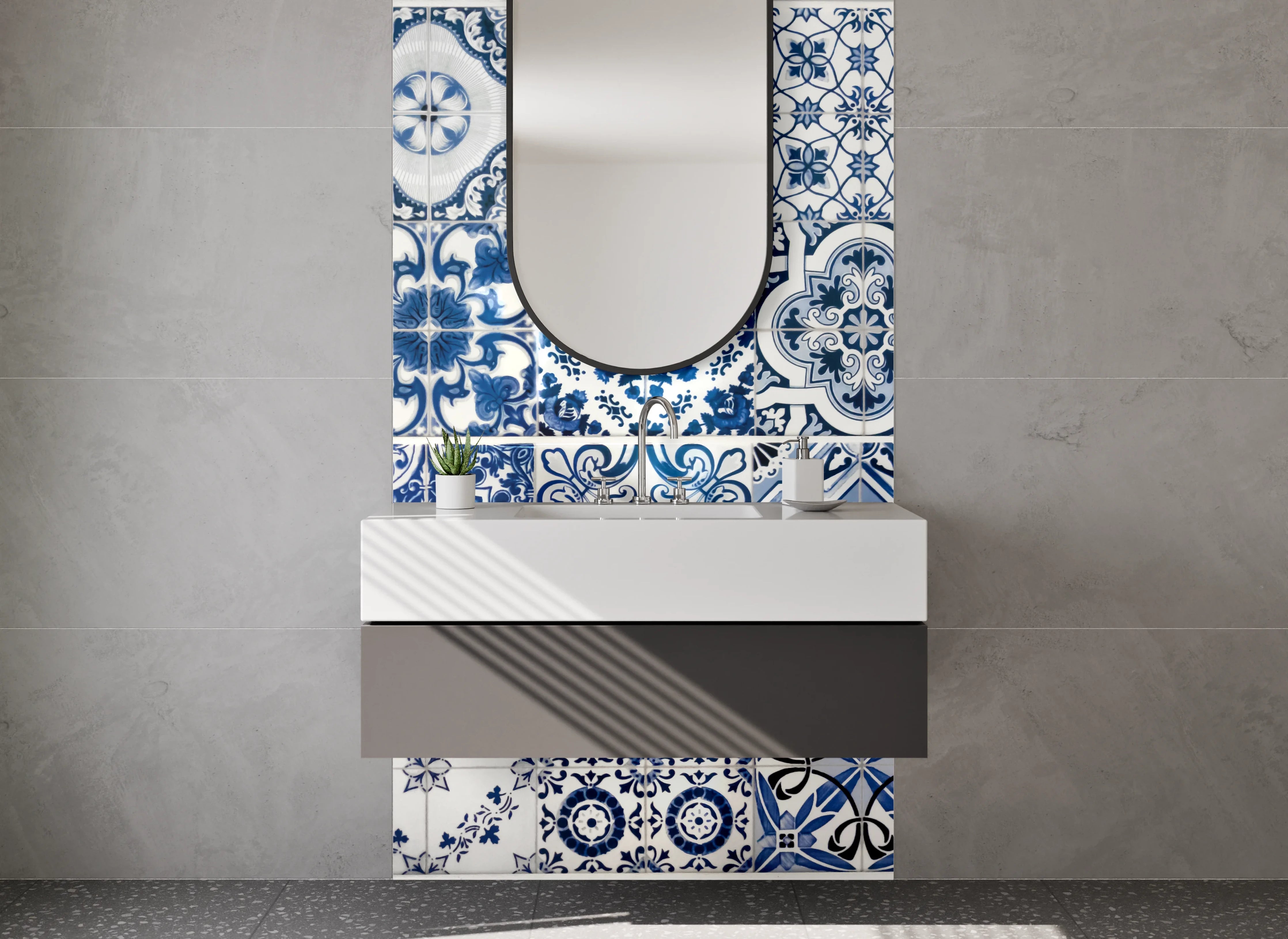 Waschbecken-Rückwand - Mediterrane Vintage-Fliesen Blau-Weiß