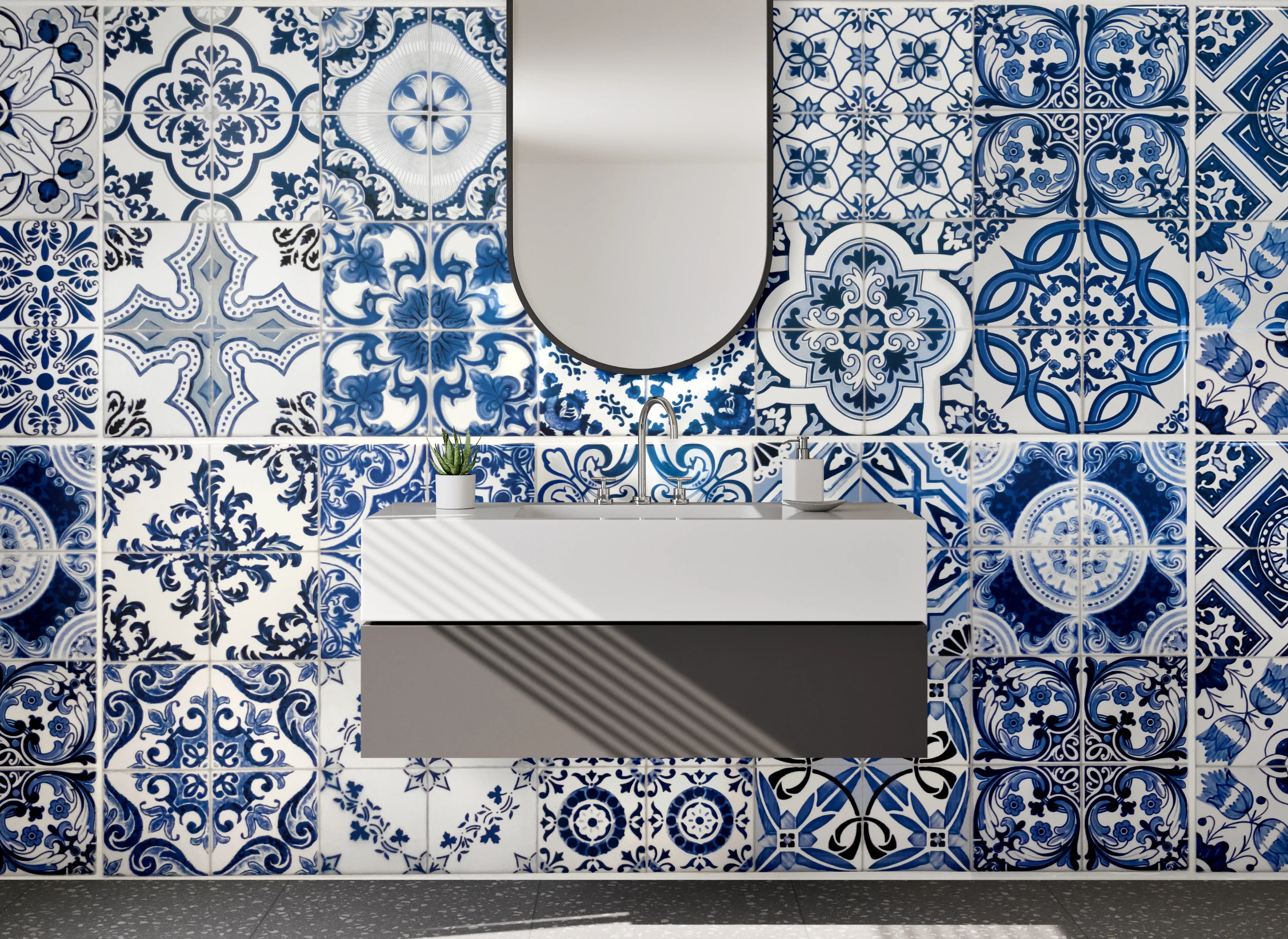 Waschbecken-Rückwand - Mediterrane Vintage-Fliesen Blau-Weiß