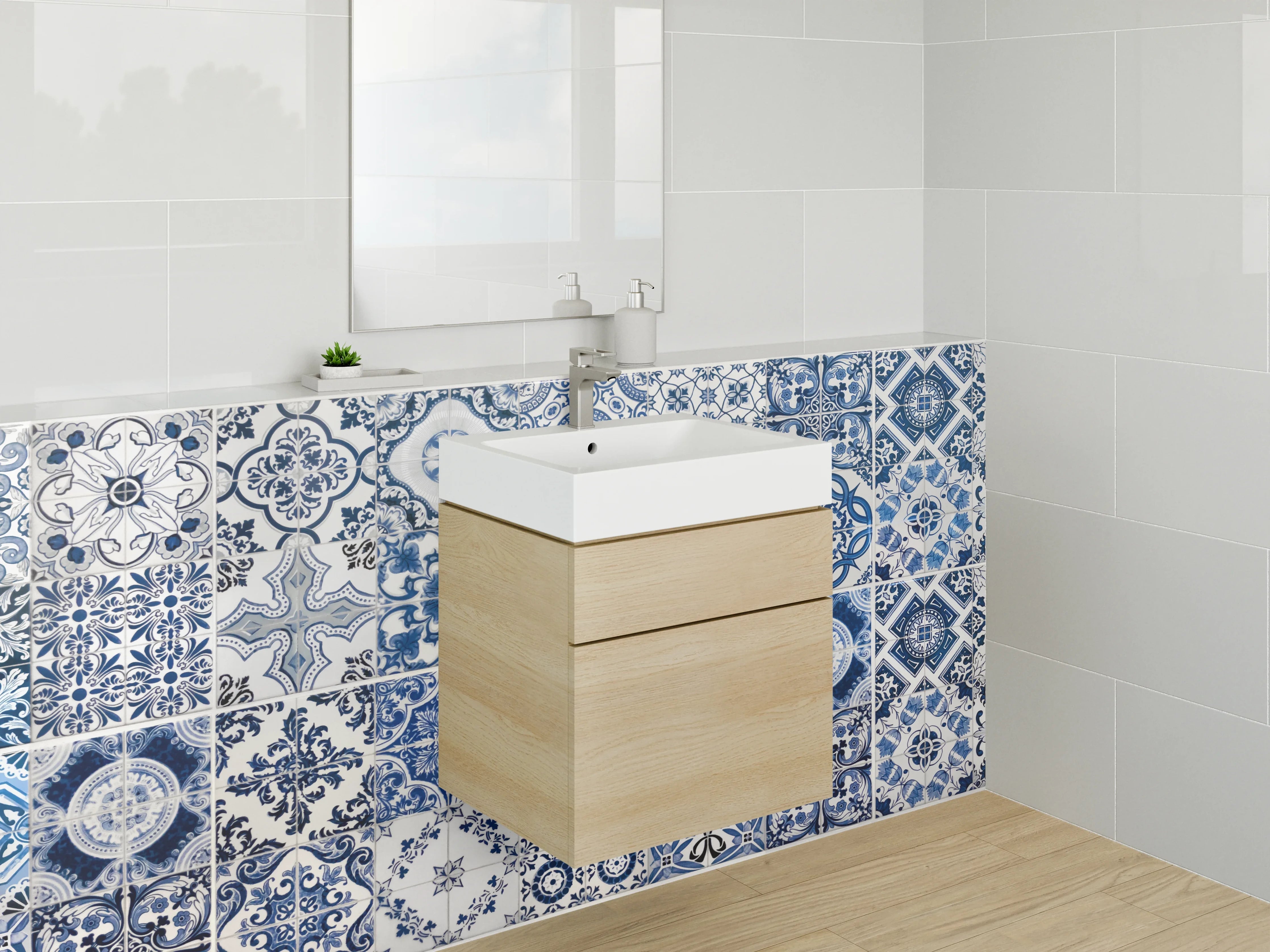 Waschbecken-Rückwand - Mediterrane Vintage-Fliesen Blau-Weiß