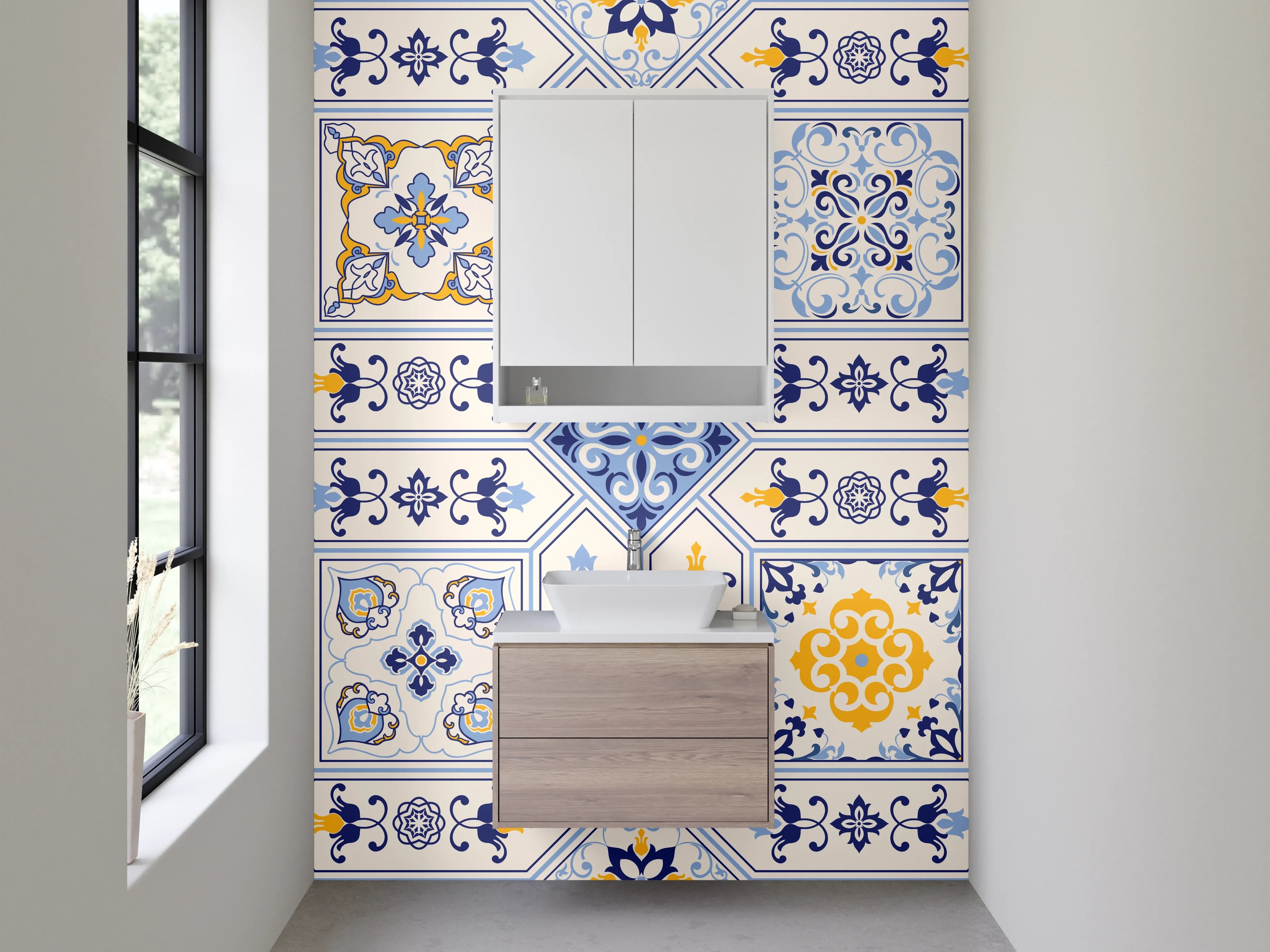 Waschbecken-Rückwand - Mediterranes Fliesenmuster Blau Gelb Weiß
