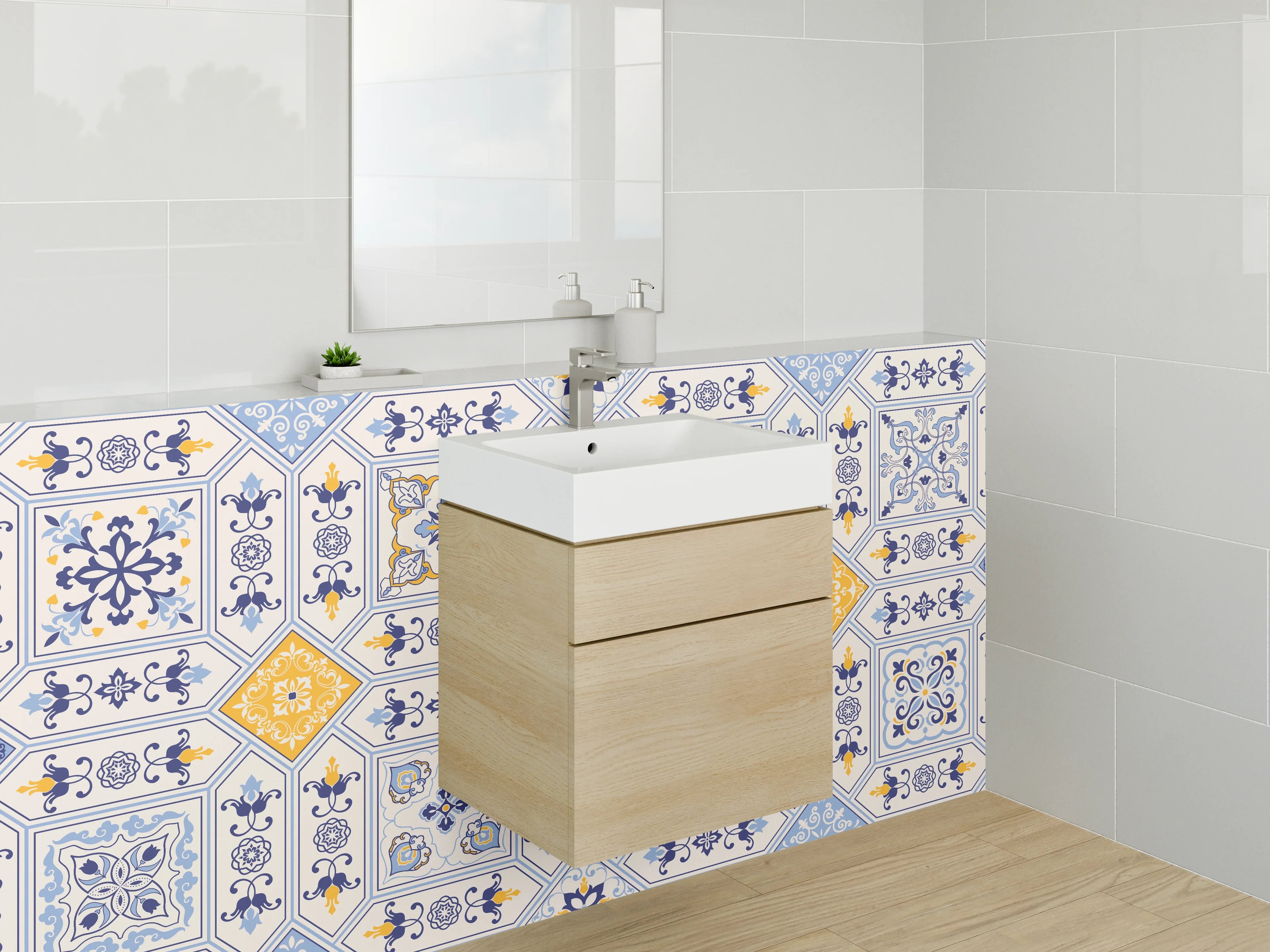 Waschbecken-Rückwand - Mediterranes Fliesenmuster Blau Gelb Weiß