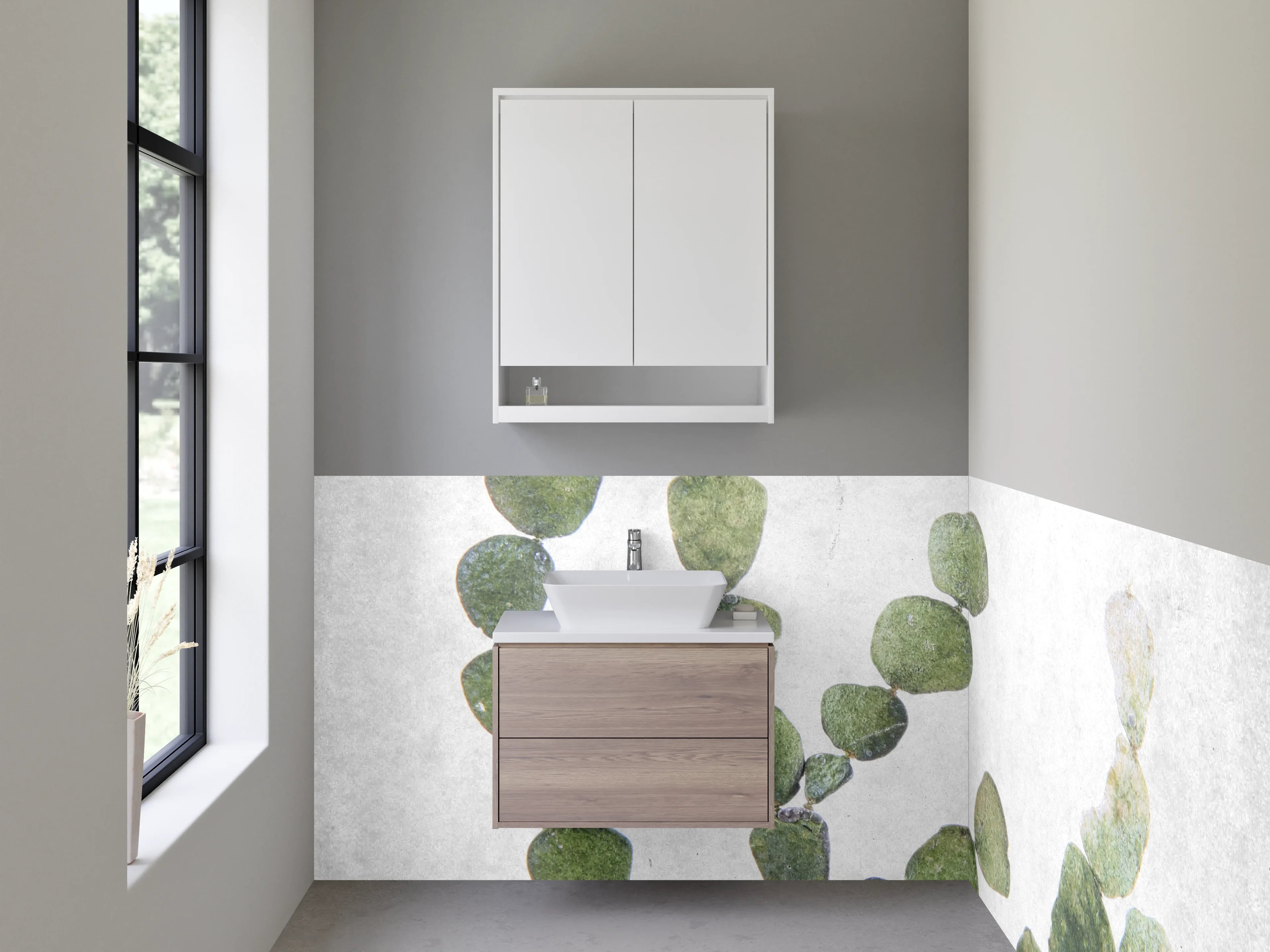 Waschbecken-Rückwand - Minimalistische Pflanzen-Illustration Weiß Grün