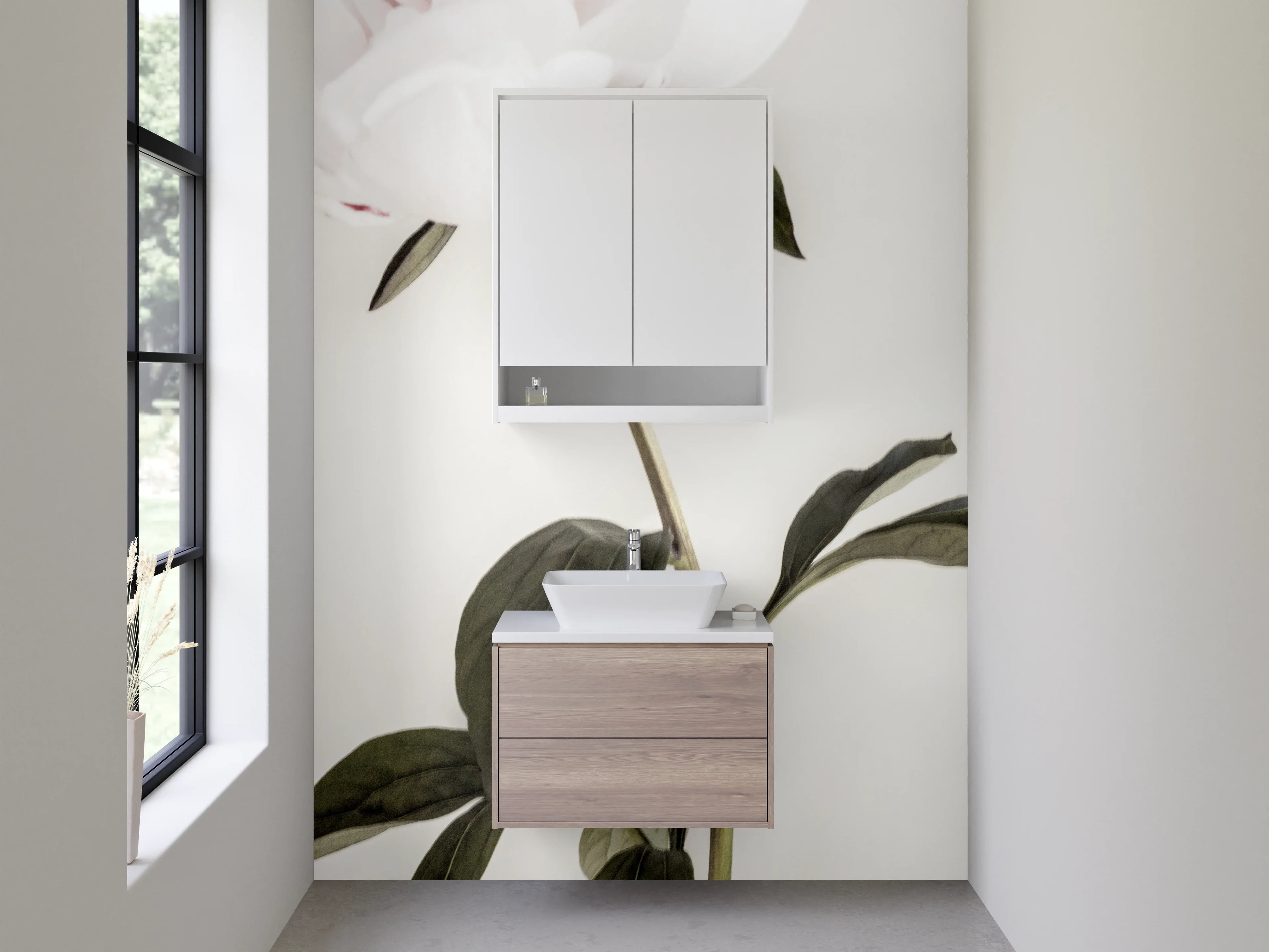 Waschbecken-Rückwand - Minimalistische weiße Pfingstrose auf zartem Hintergrund
