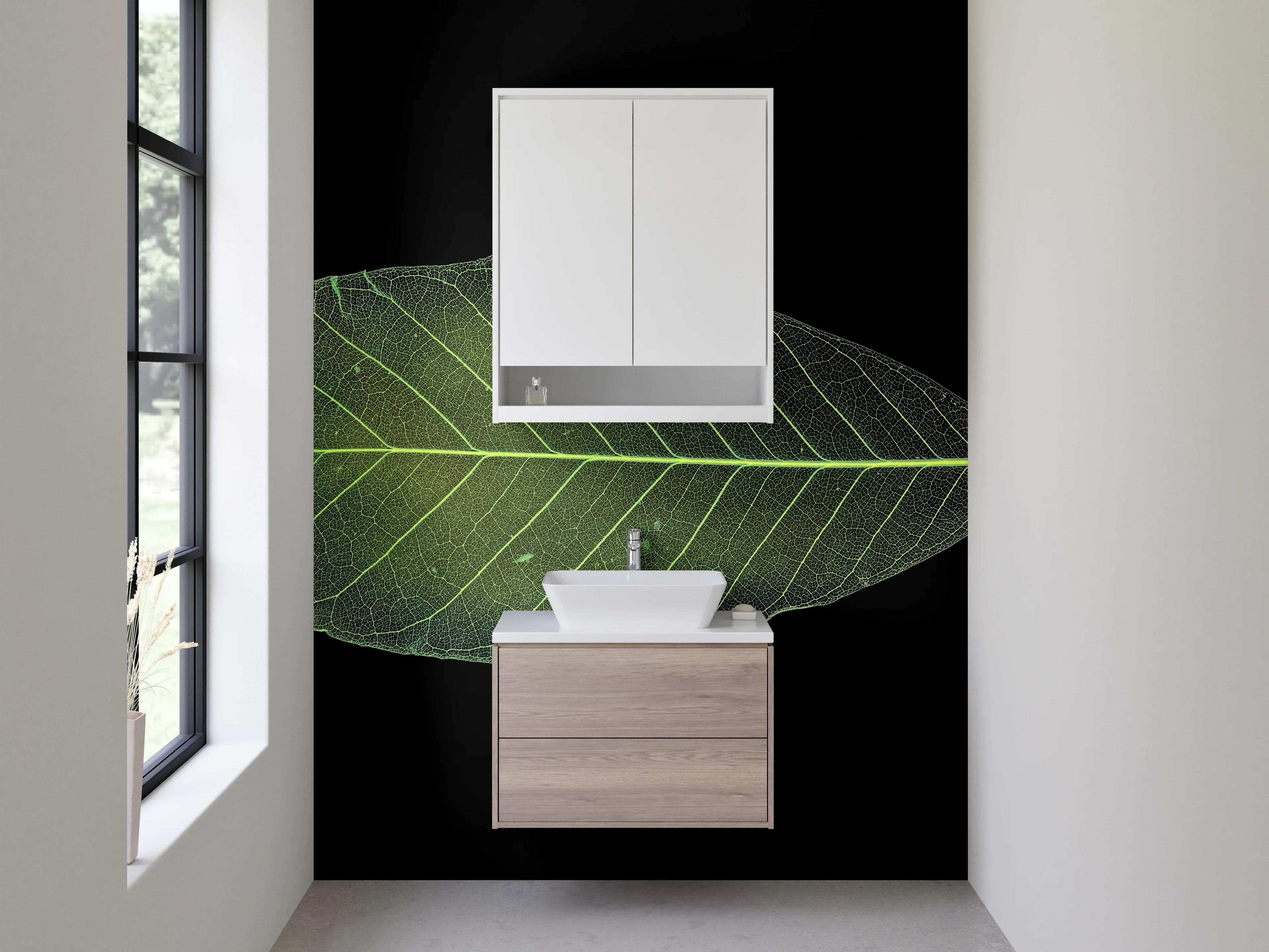 Waschbecken-Rückwand - Minimalistisches Blatt auf Schwarz Hintergrund