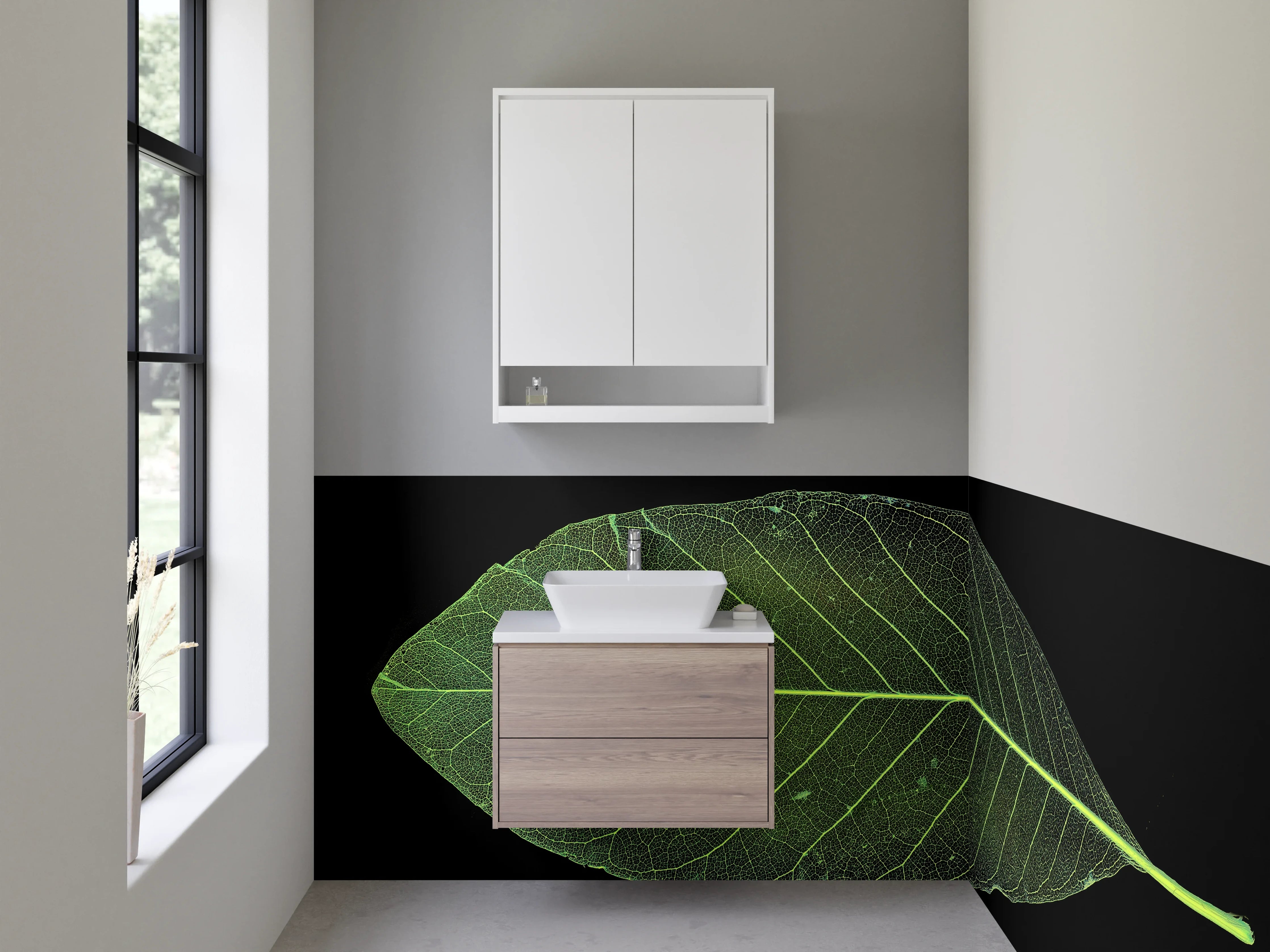 Waschbecken-Rückwand - Minimalistisches Blatt auf Schwarz Hintergrund