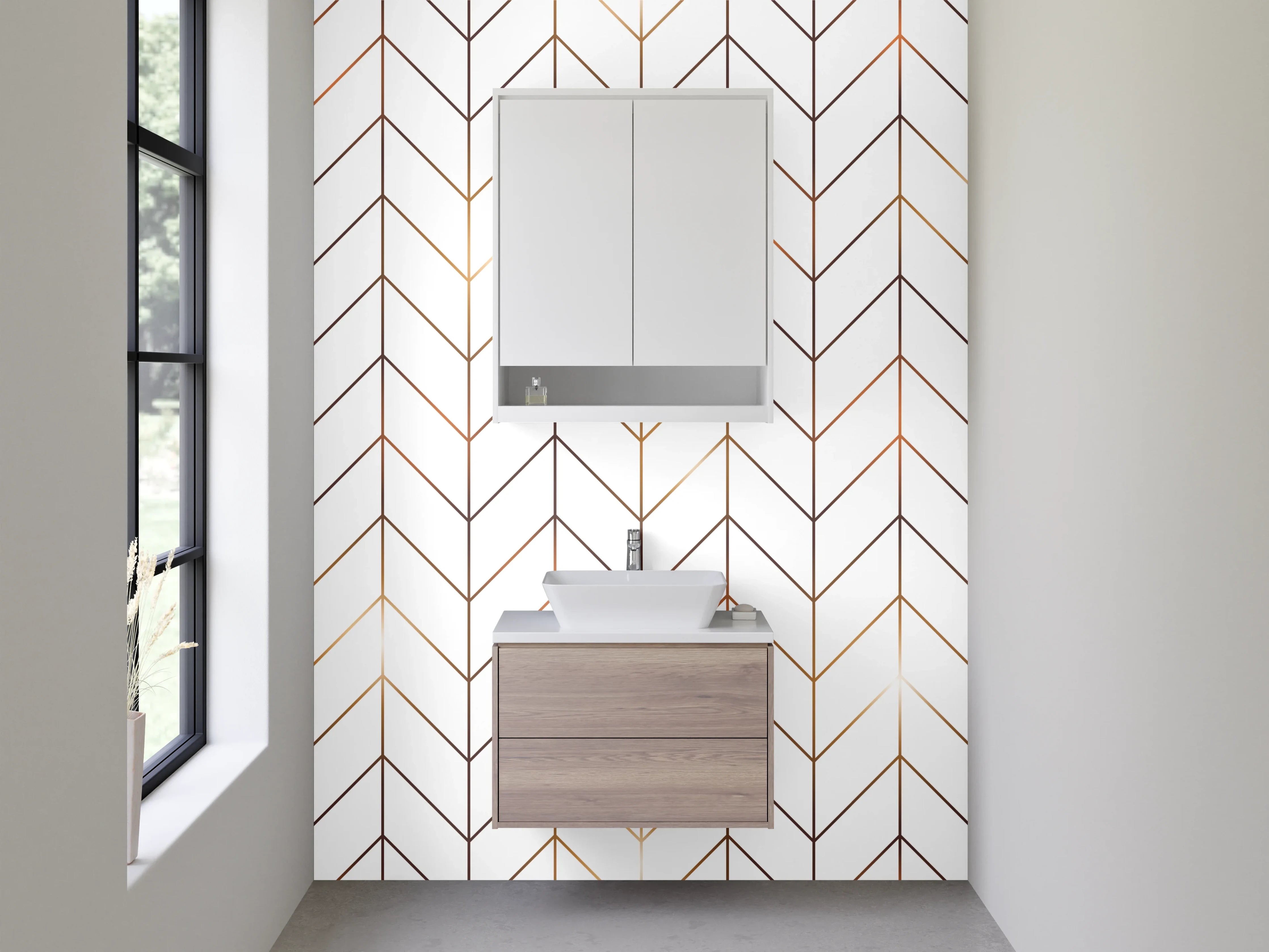 Waschbecken-Rückwand - Minimalistisches Chevron-Muster Weiß-Gold