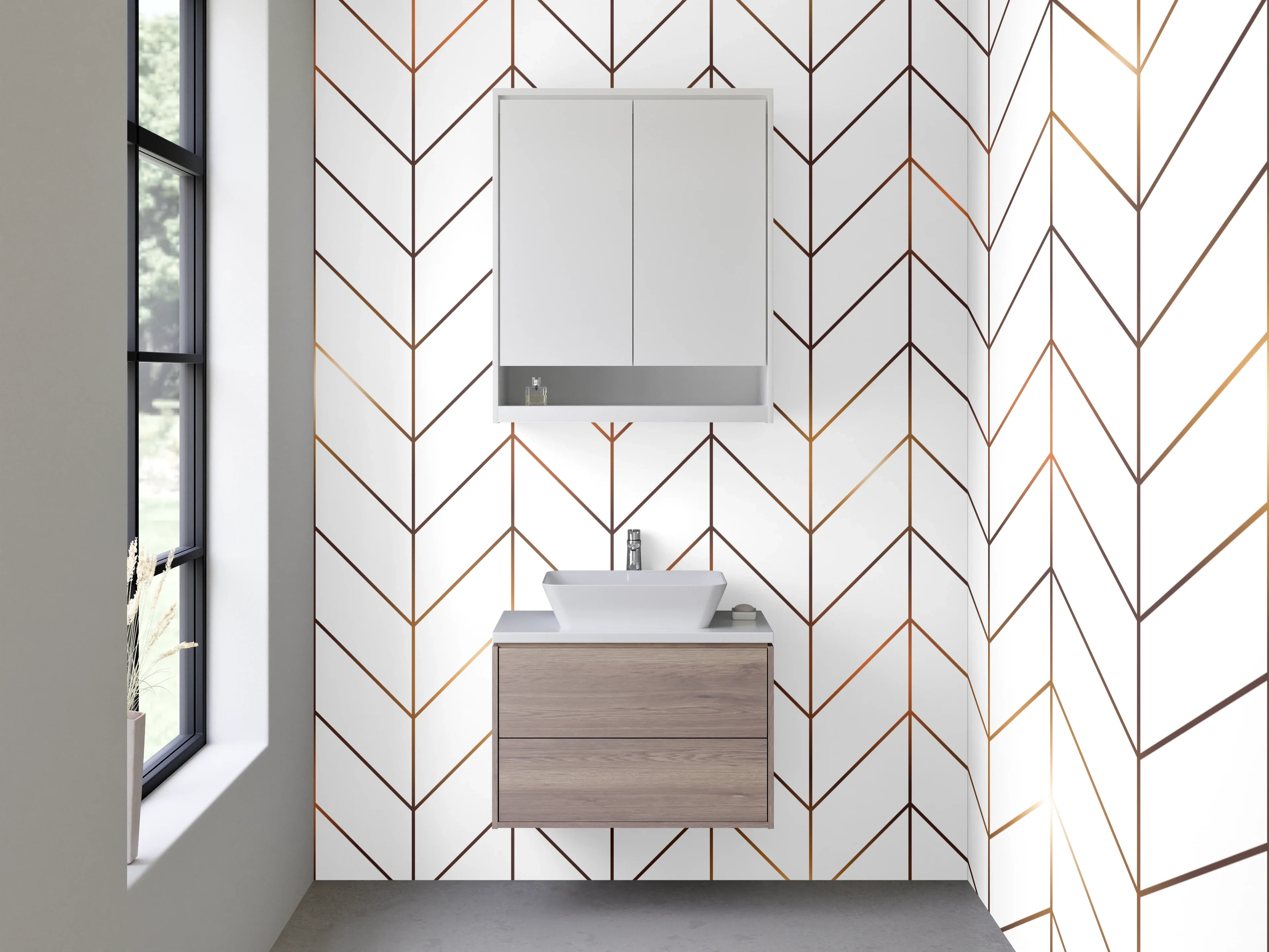 Waschbecken-Rückwand - Minimalistisches Chevron-Muster Weiß-Gold