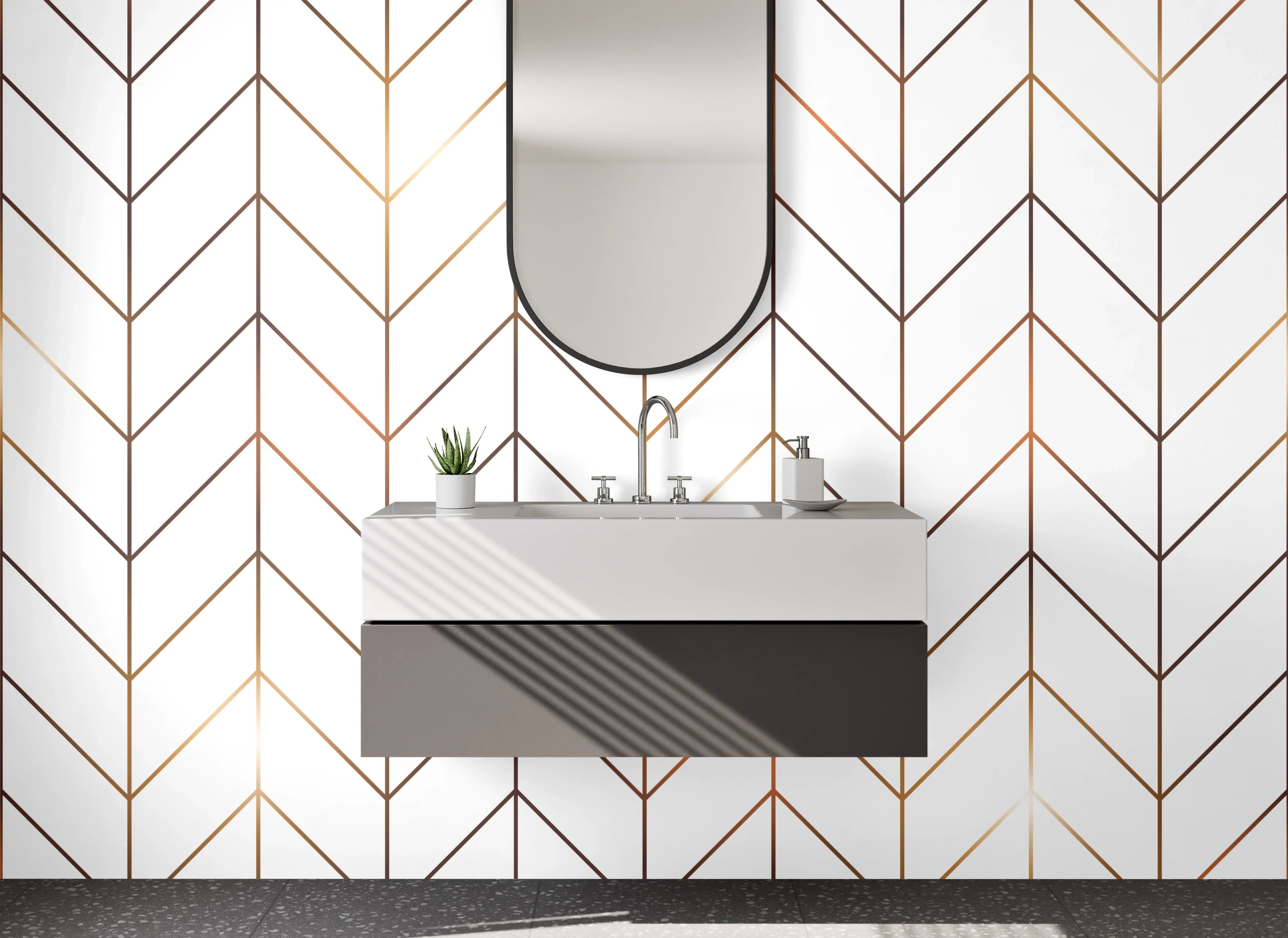 Waschbecken-Rückwand - Minimalistisches Chevron-Muster Weiß-Gold