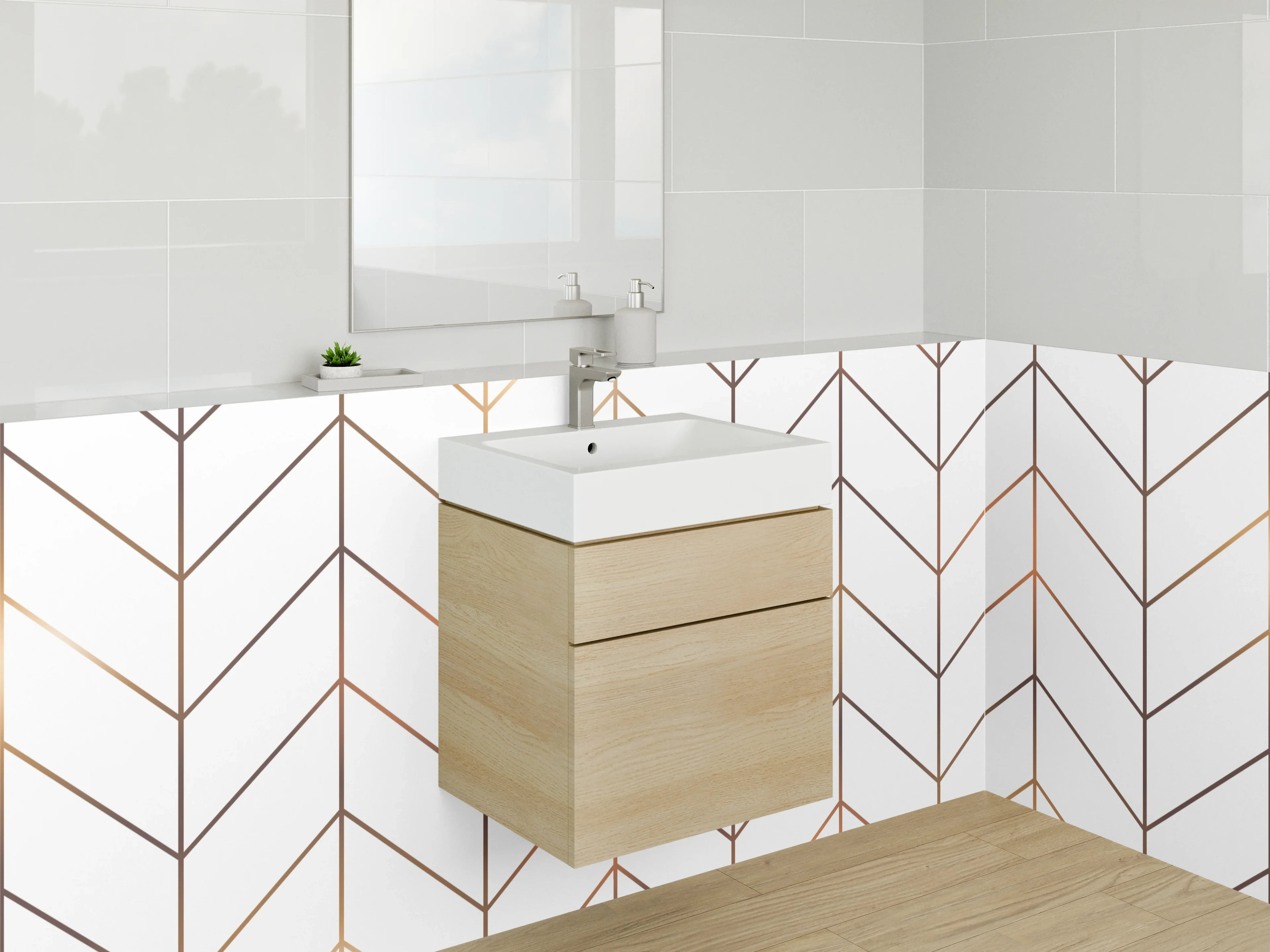 Waschbecken-Rückwand - Minimalistisches Chevron-Muster Weiß-Gold