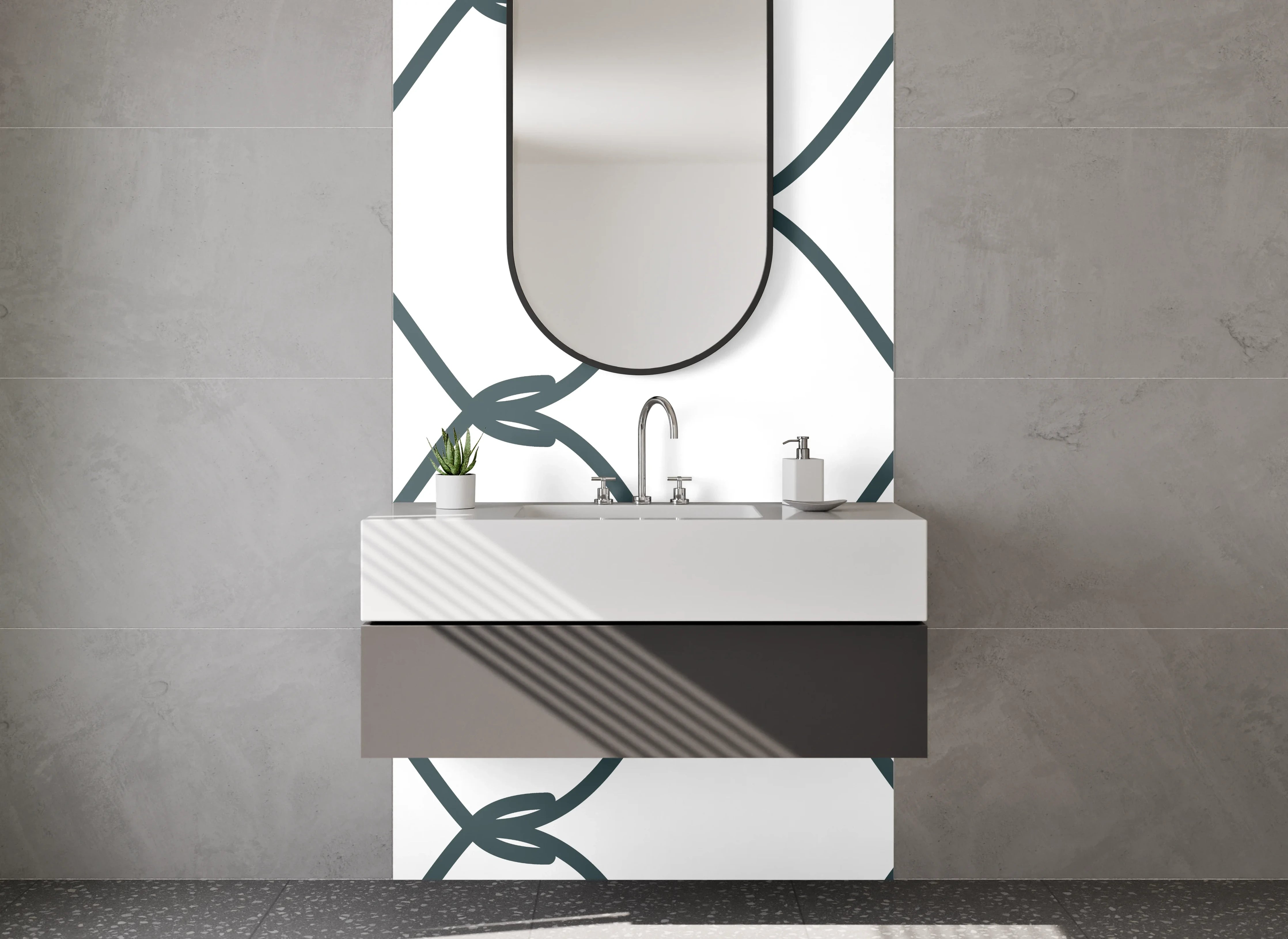 Waschbecken-Rückwand - Minimalistisches Maschendrahtmuster Schwarz-Weiß