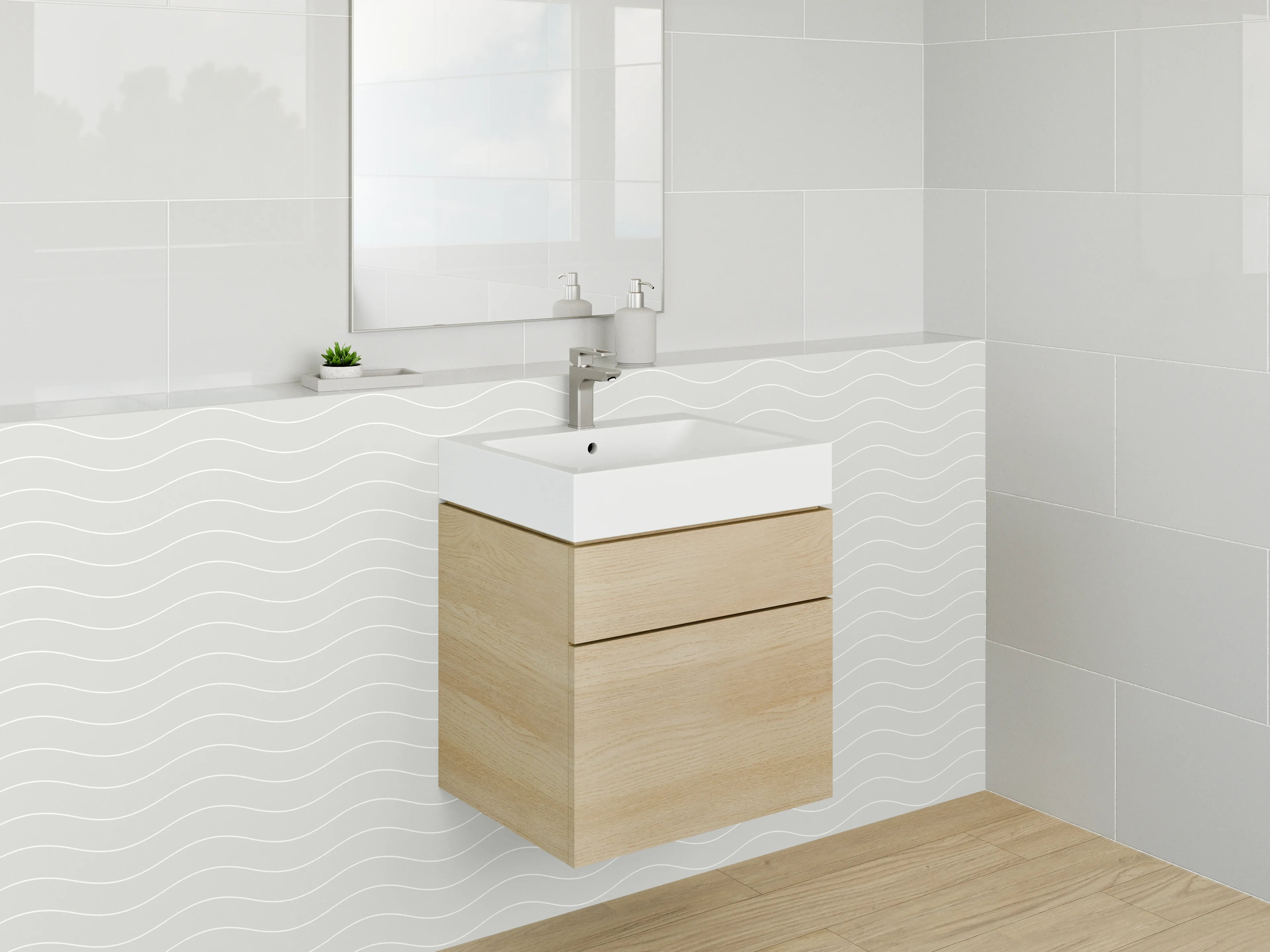 Waschbecken-Rückwand - Minimalistisches Wellenmuster Weiß Grau
